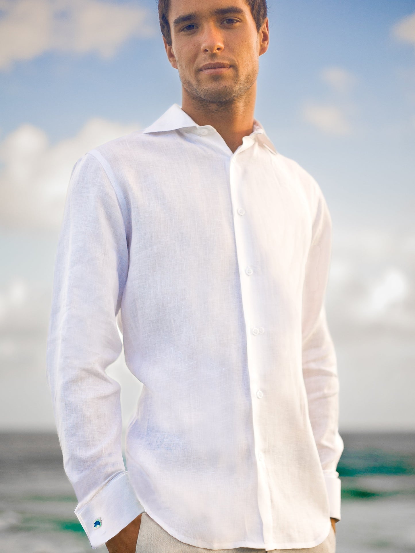 Mens Linen Monaco Shirt French Cuffed Long Sleeve White Beach Wedding