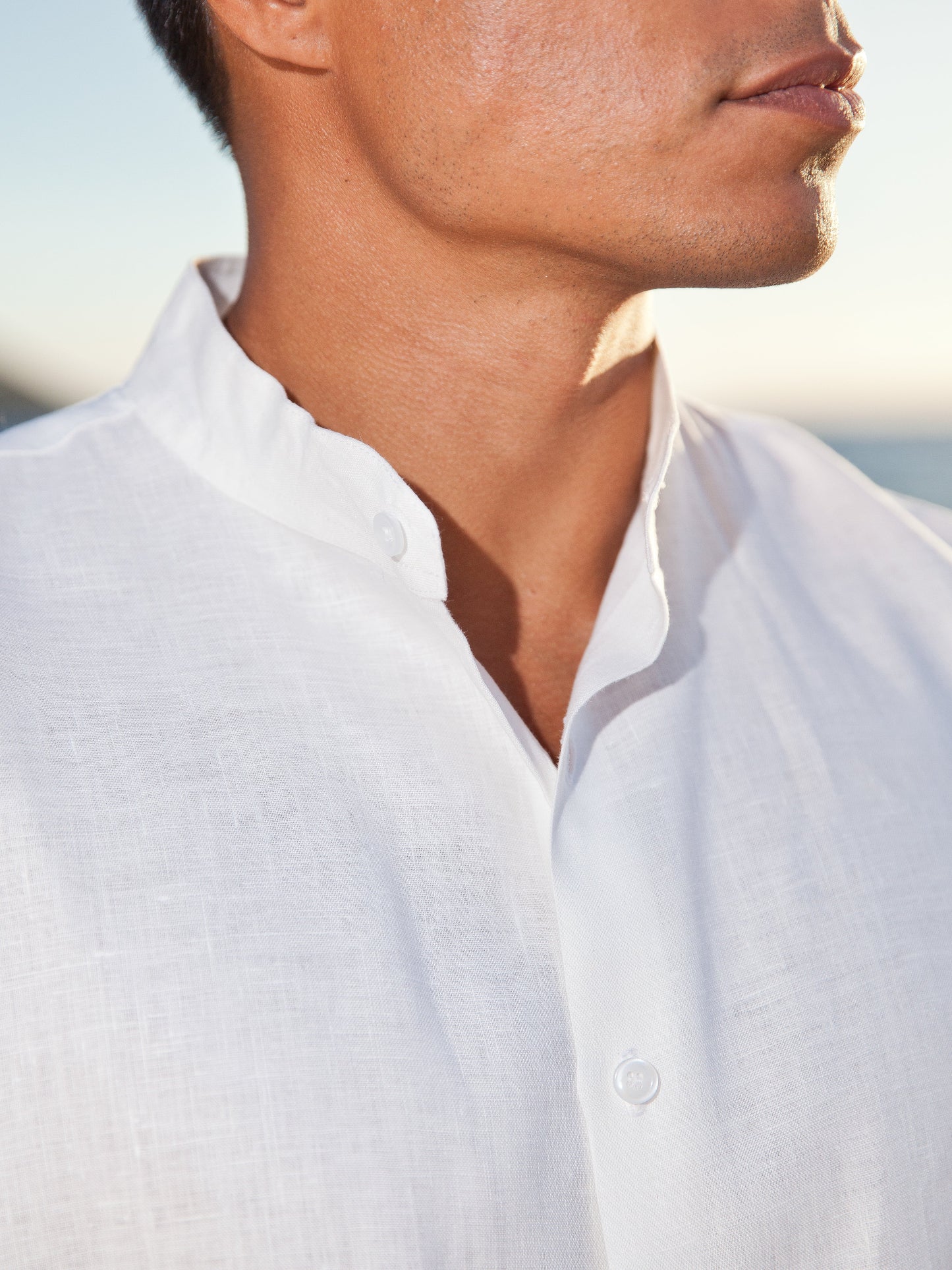 Mens Linen Nehru Mandarin Collar Ceylon Shirt Long Sleeve White Beach Wedding Collar