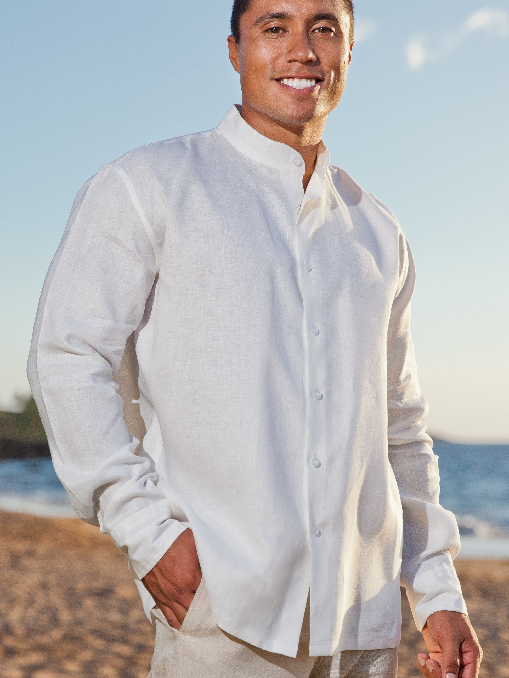 Mens Linen Nehru Mandarin Collar Ceylon Shirt Long Sleeve White Beach Wedding