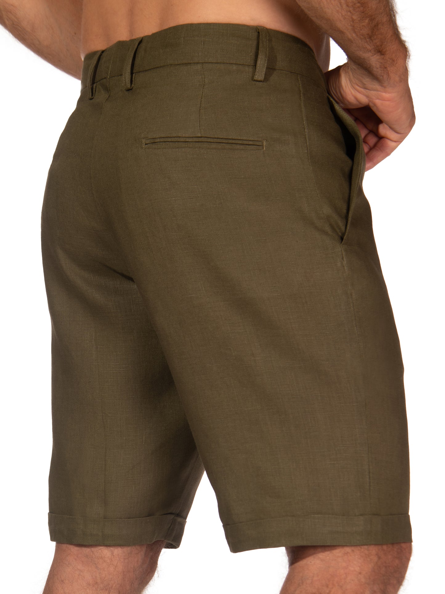 Mens Linen Pleated Harbor Shorts Army Green Cuffed Hem Back
