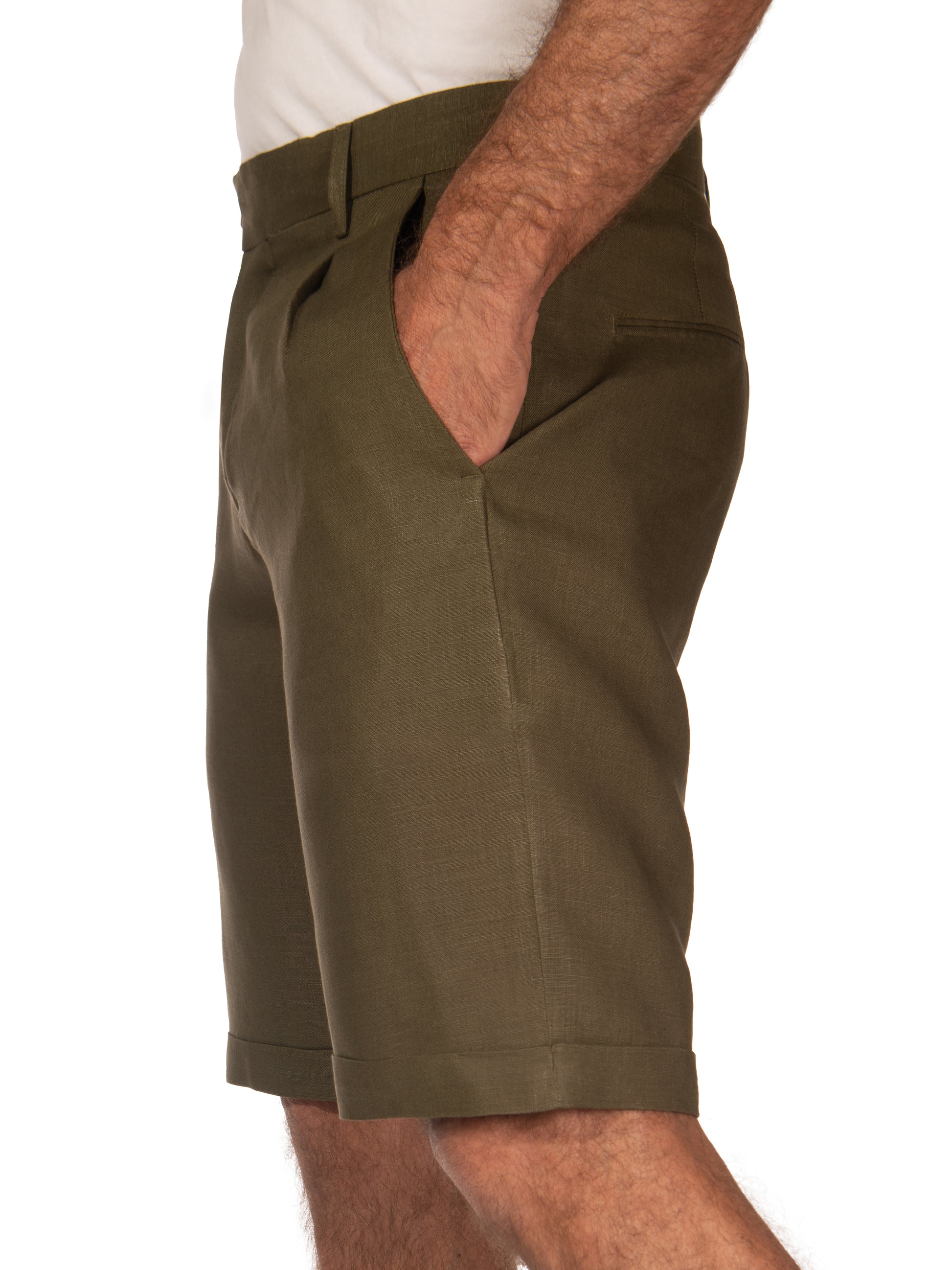 Mens Linen Pleated Harbor Shorts Army Green Cuffed Hem Side