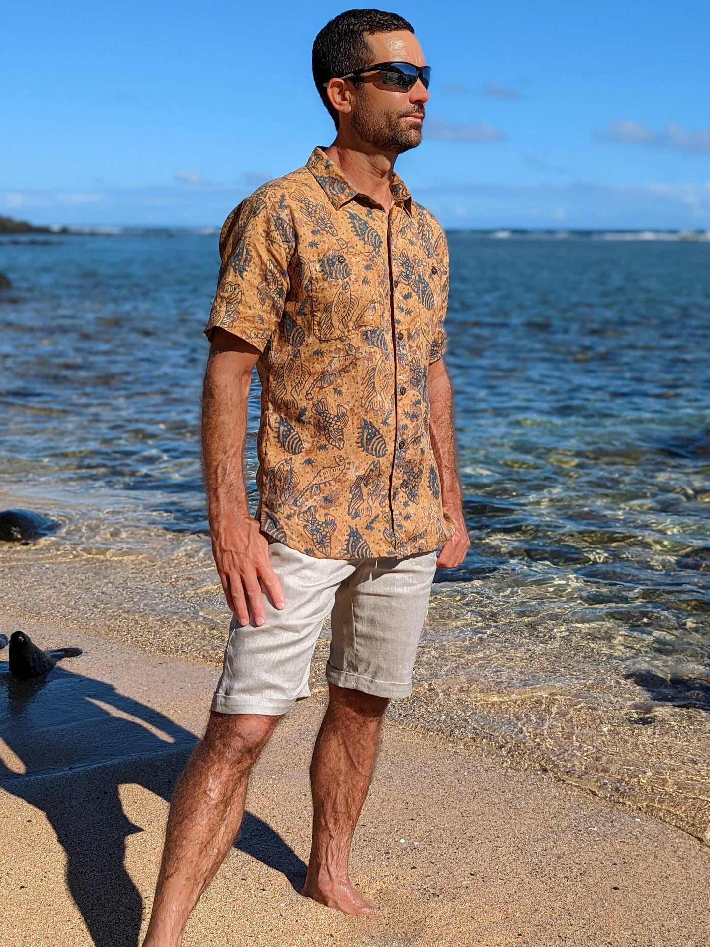 Mens Linen Pleated Harbor Shorts Ash Cuffed Hem Outfit