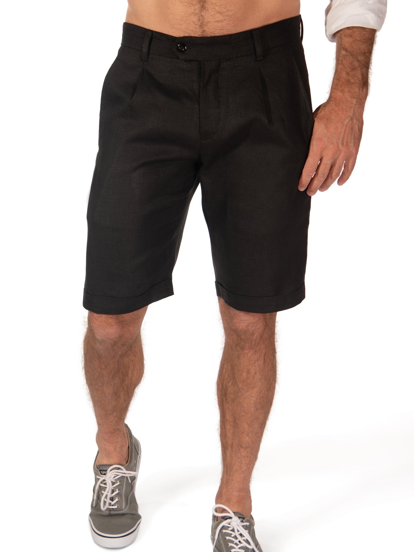 Mens Linen Pleated Harbor Shorts Black Cuffed Hem