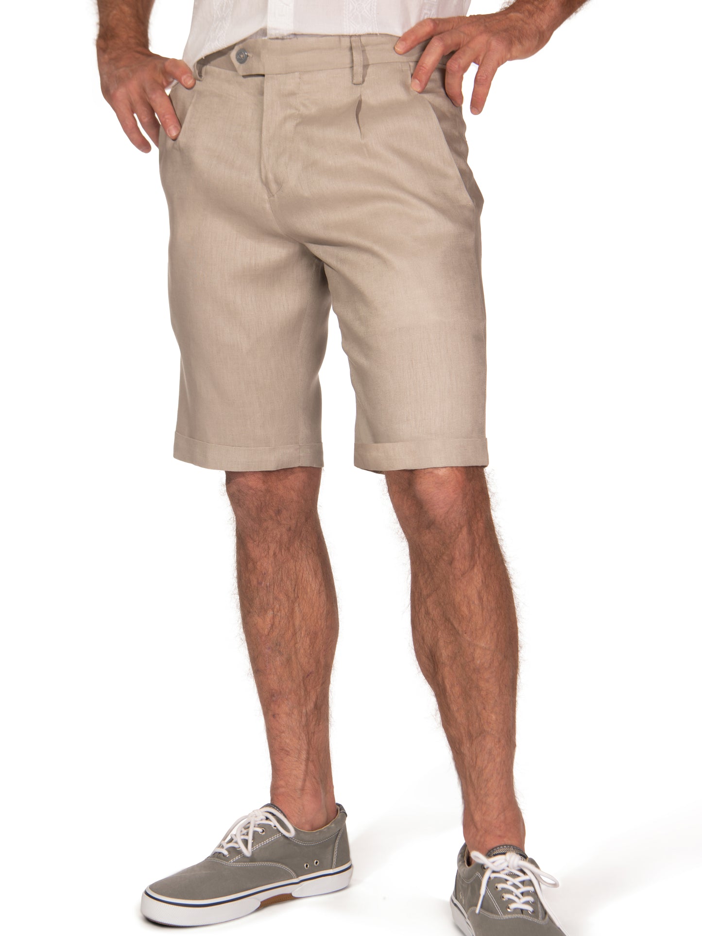 Mens Linen Pleated Harbor Shorts Black Cuffed Hem