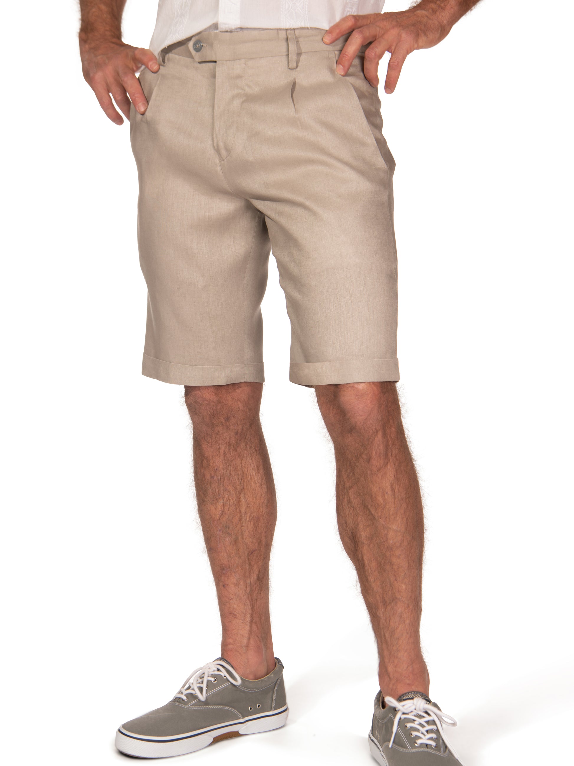 Mens Linen Pleated Harbor Shorts Black Cuffed Hem