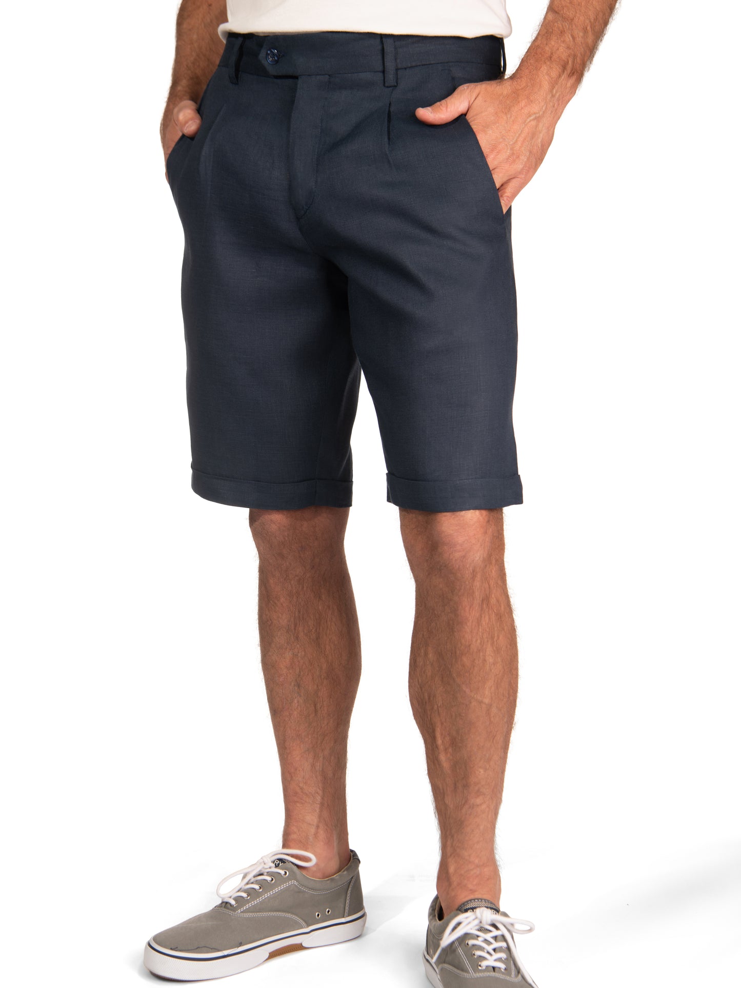 Mens Linen Pleated Harbor Shorts Navy Blue Cuffed Hem