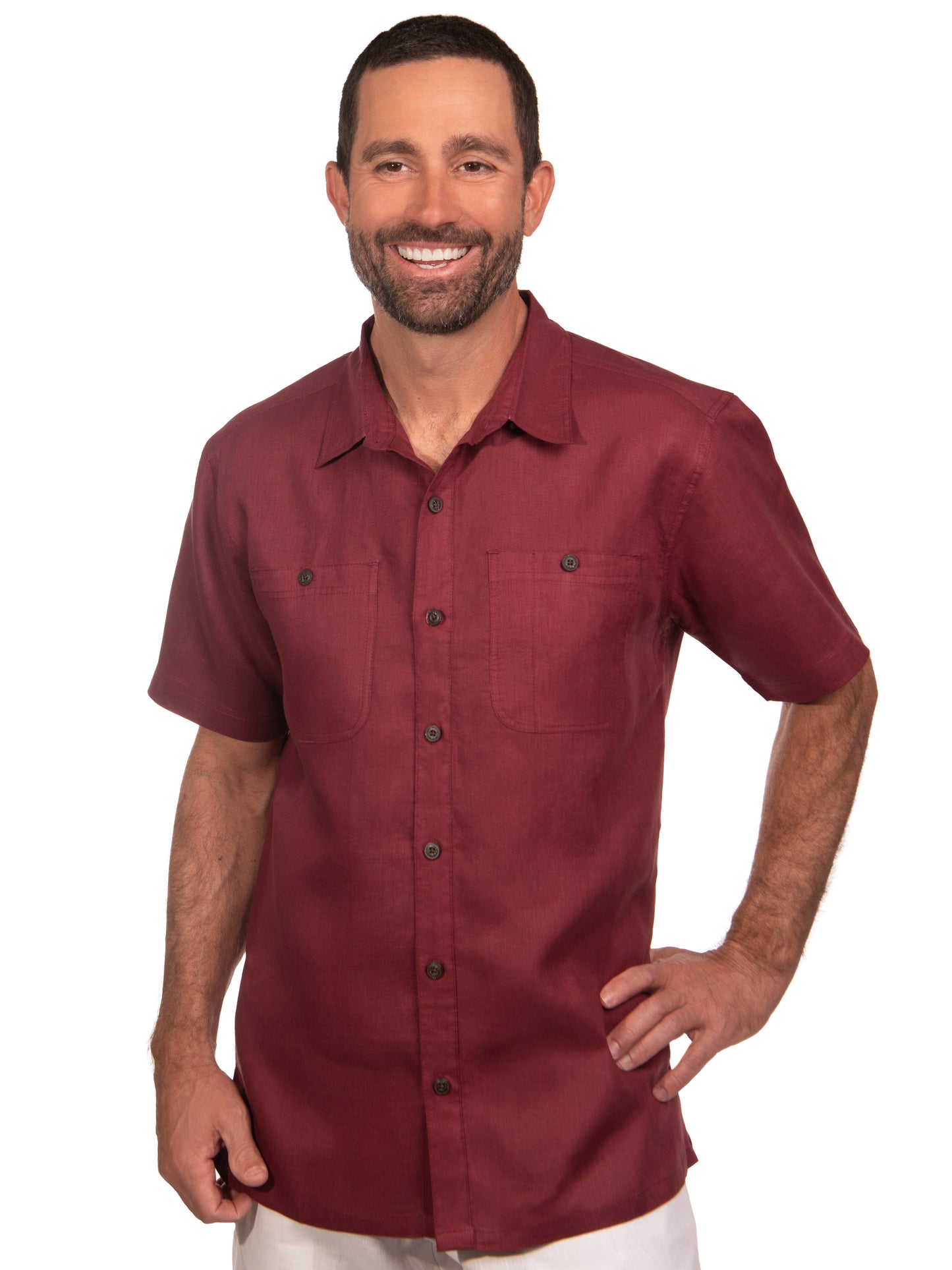 Mens Linen Shirt Short Sleeve Wine Red Dual Breast Pockets Beach Wedding