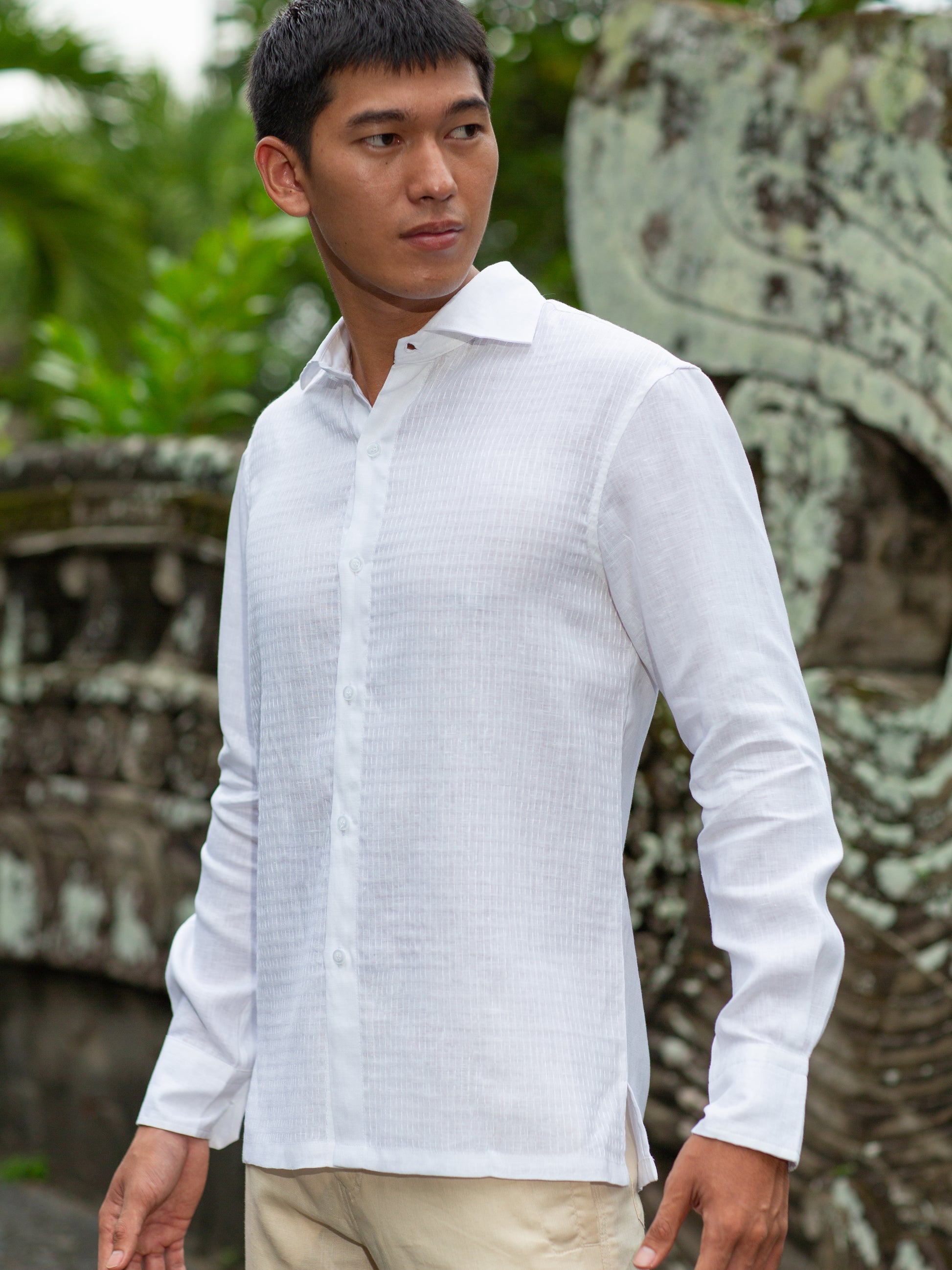 Mens Linen Shirt White Long Sleeve Hand Stitch Detail Beach Wedding Alt