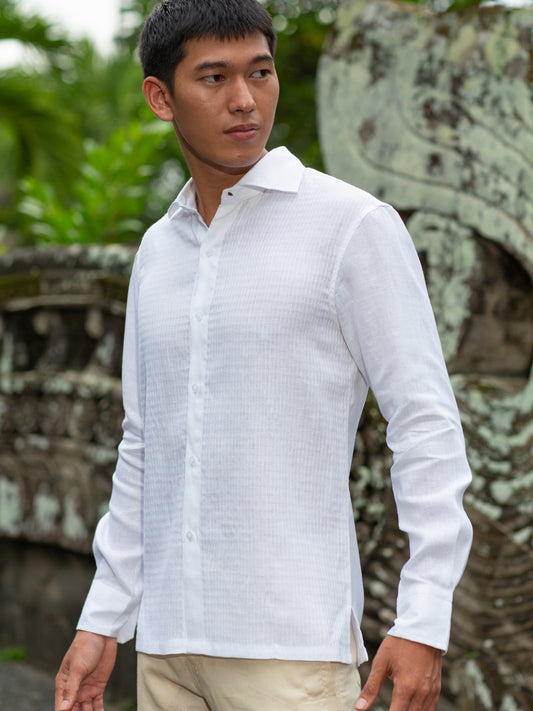 Mens Linen Shirt White Long Sleeve Hand Stitch Detail Beach Wedding Alt