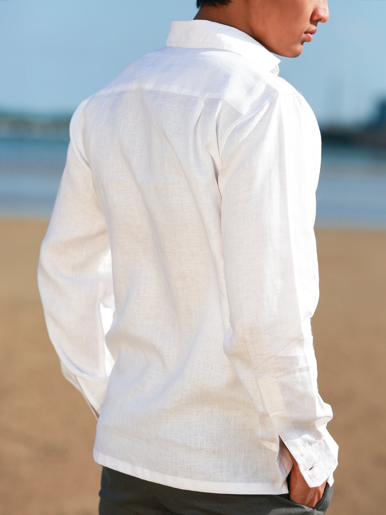 Mens Linen Shirt White Long Sleeve Hand Stitch Detail Beach Wedding Back