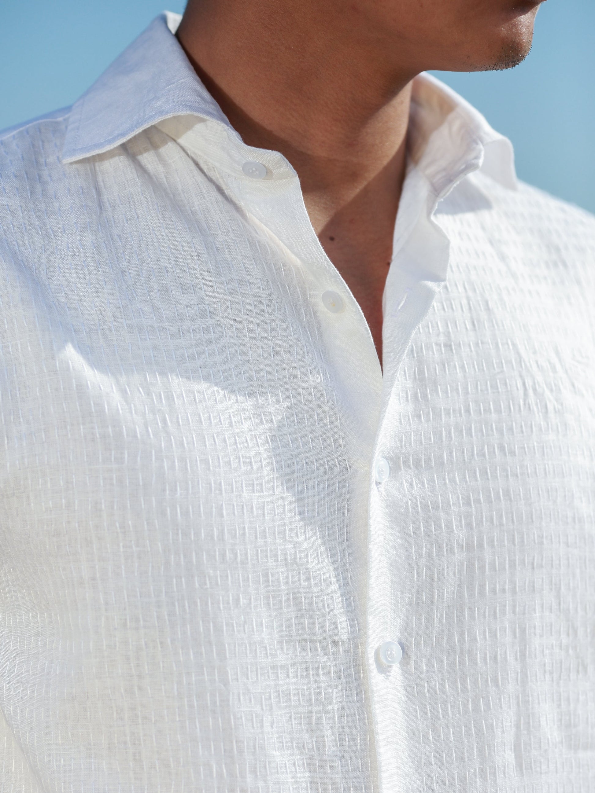 Mens Linen Shirt White Long Sleeve Hand Stitch Detail Beach Wedding Close