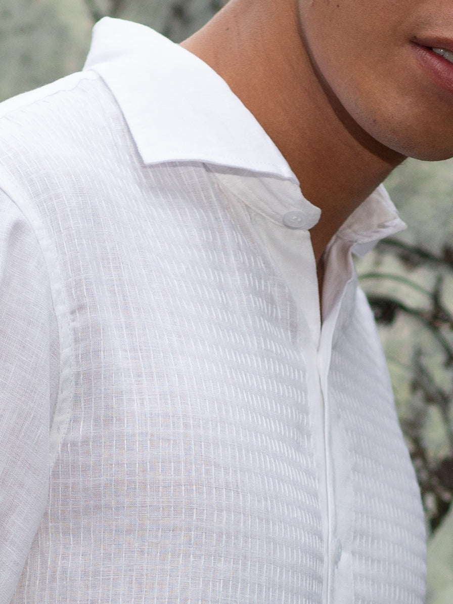 Mens Linen Shirt White Long Sleeve Hand Stitch Detail Beach Wedding Detail