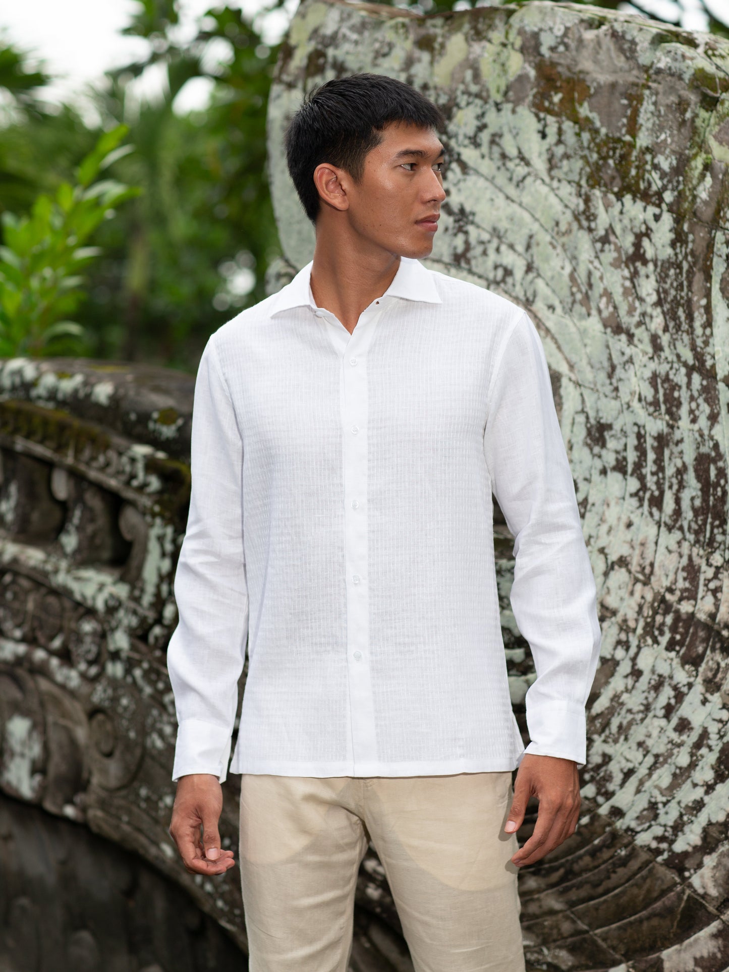 Mens Linen Shirt White Long Sleeve Hand Stitch Detail Beach Wedding Full