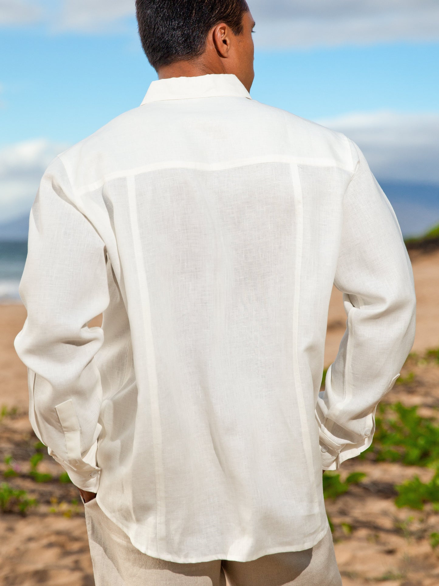 Mens Linen Traveler Shirt Ivory Dual Pocket Beach Wedding Back