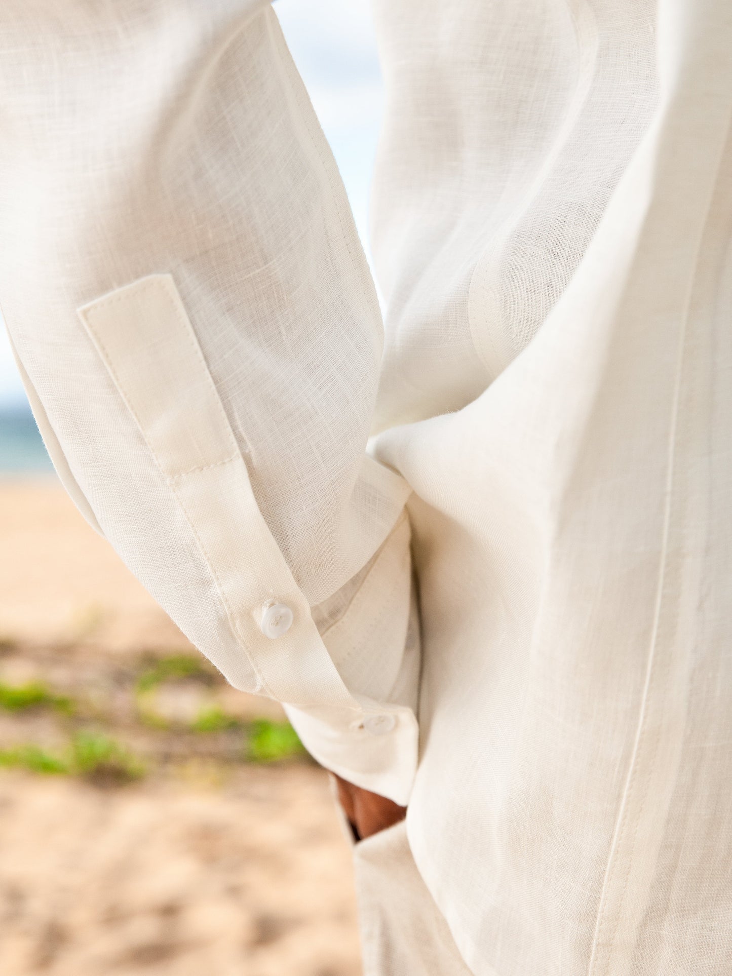 Mens Linen Traveler Shirt Ivory Dual Pocket Beach Wedding Cuff