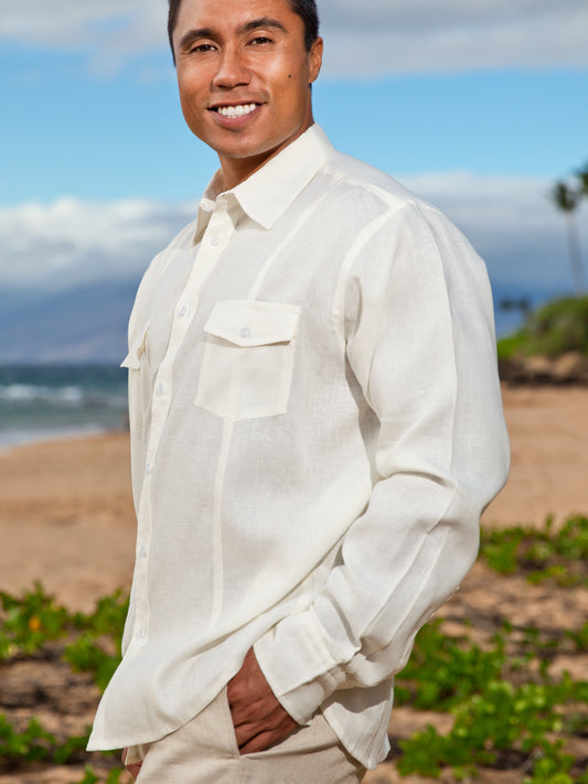 Mens Linen Traveler Shirt Ivory Dual Pocket Beach Wedding Side