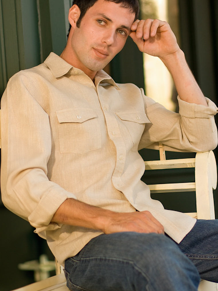 Mens Linen Traveler Shirt Tan Khaki Dual Pocket Beach Wedding Side