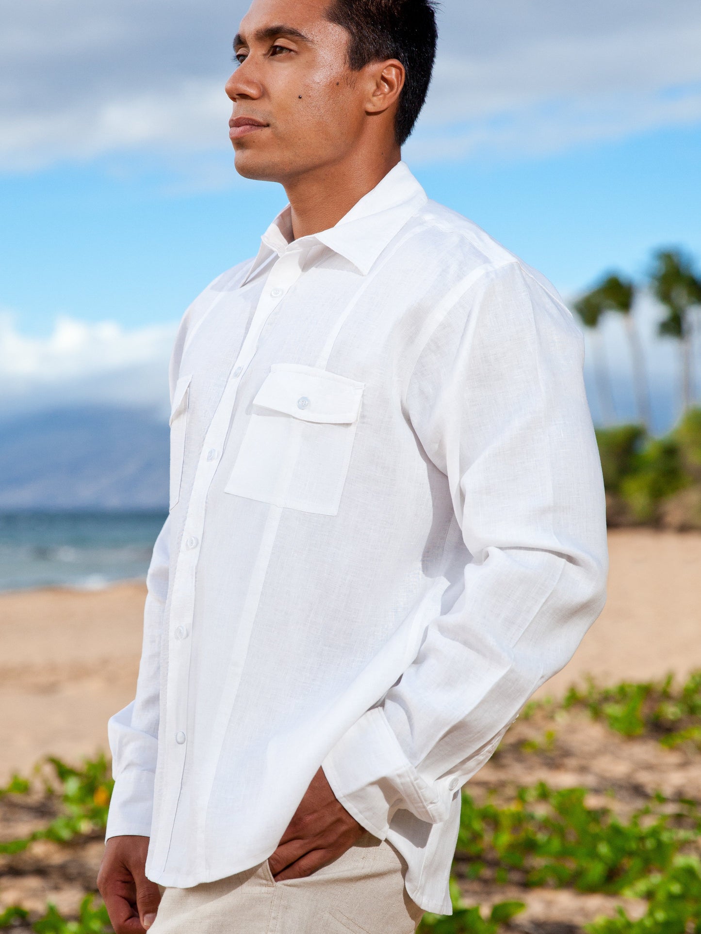 Mens Linen Traveler Shirt White Dual Pocket Beach Wedding Side