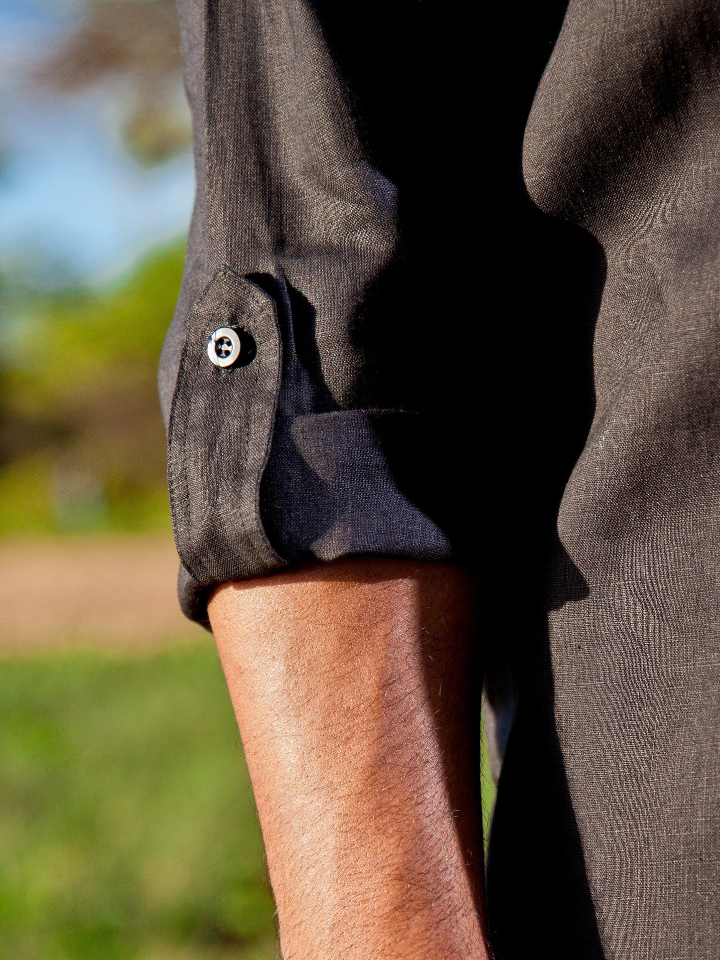 Mens Linen Vneck Pullover Oasis Shirt Banded Collar Black Beach Wedding Sleeve Tab