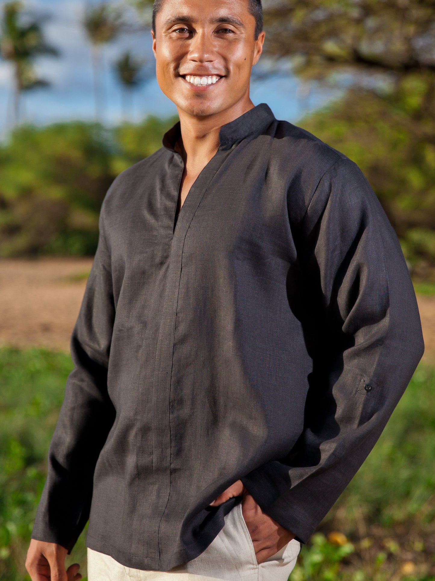 Mens Linen Vneck Pullover Oasis Shirt Banded Collar Black Beach Wedding