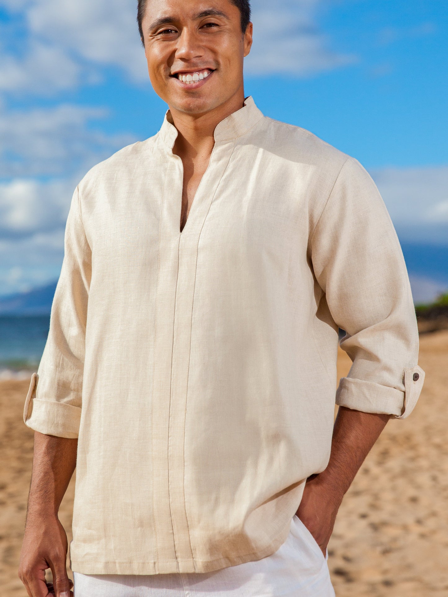 Mens Linen Vneck Pullover Oasis Shirt Banded Collar Tan Khaki Wedding