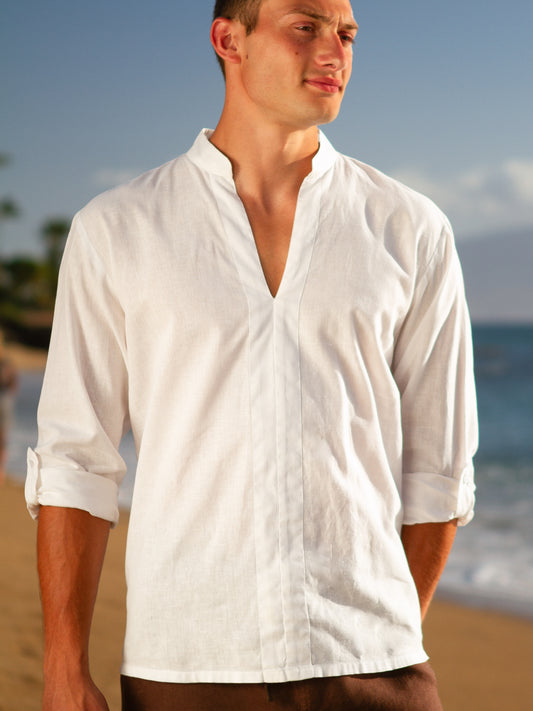 Mens Linen Vneck Pullover Oasis Shirt Banded Collar White Beach Wedding