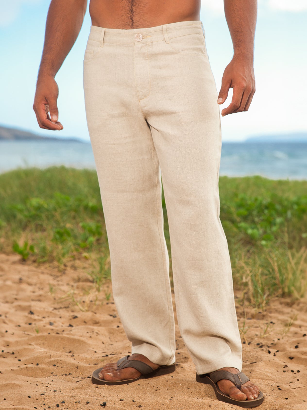 Mens Linen Yacht Pants Gusset Crotch Tan Khaki Beach Wedding