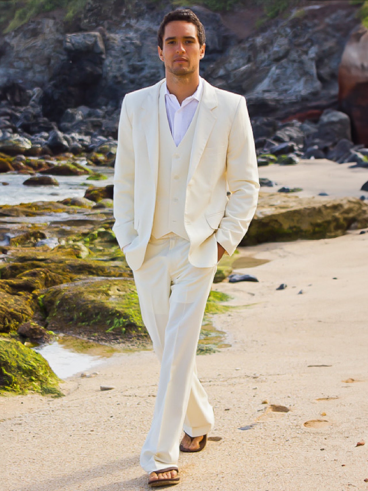 Mens Raw Silk Suit Ivory Beach Wedding