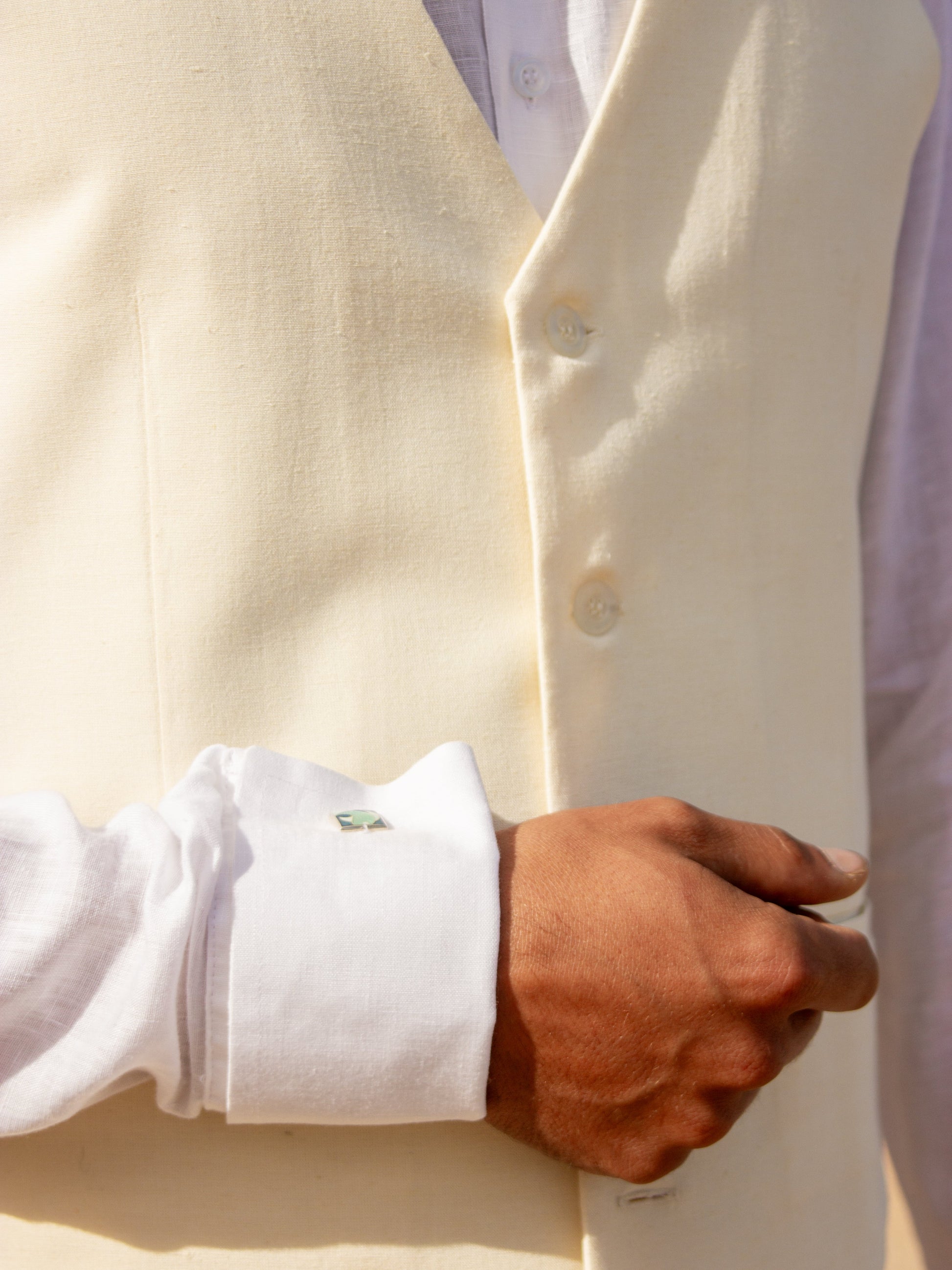 Mens Raw Silk Vest Ivory Beach Wedding Close 