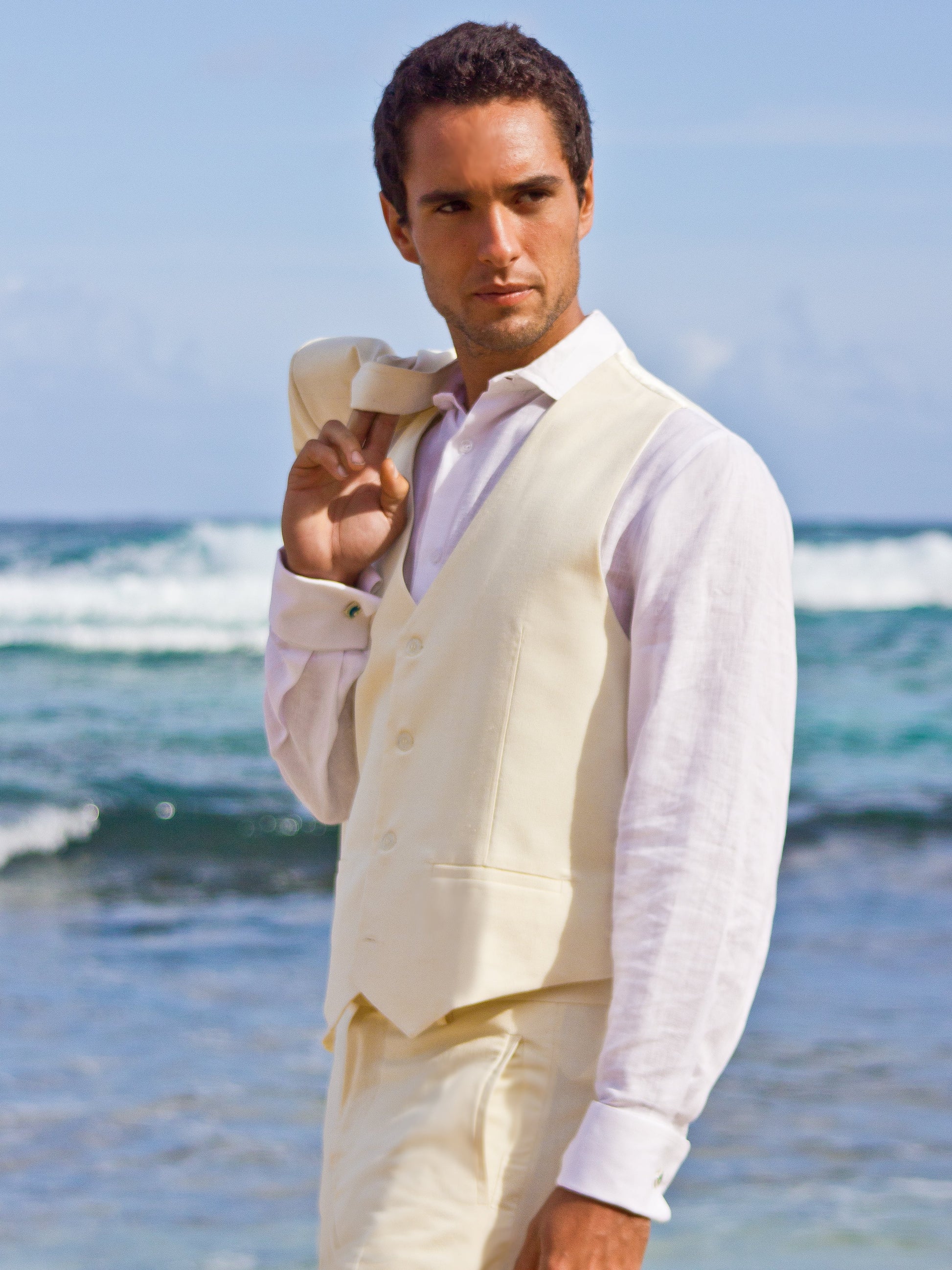 Mens Raw Silk Vest Ivory Beach Wedding Side