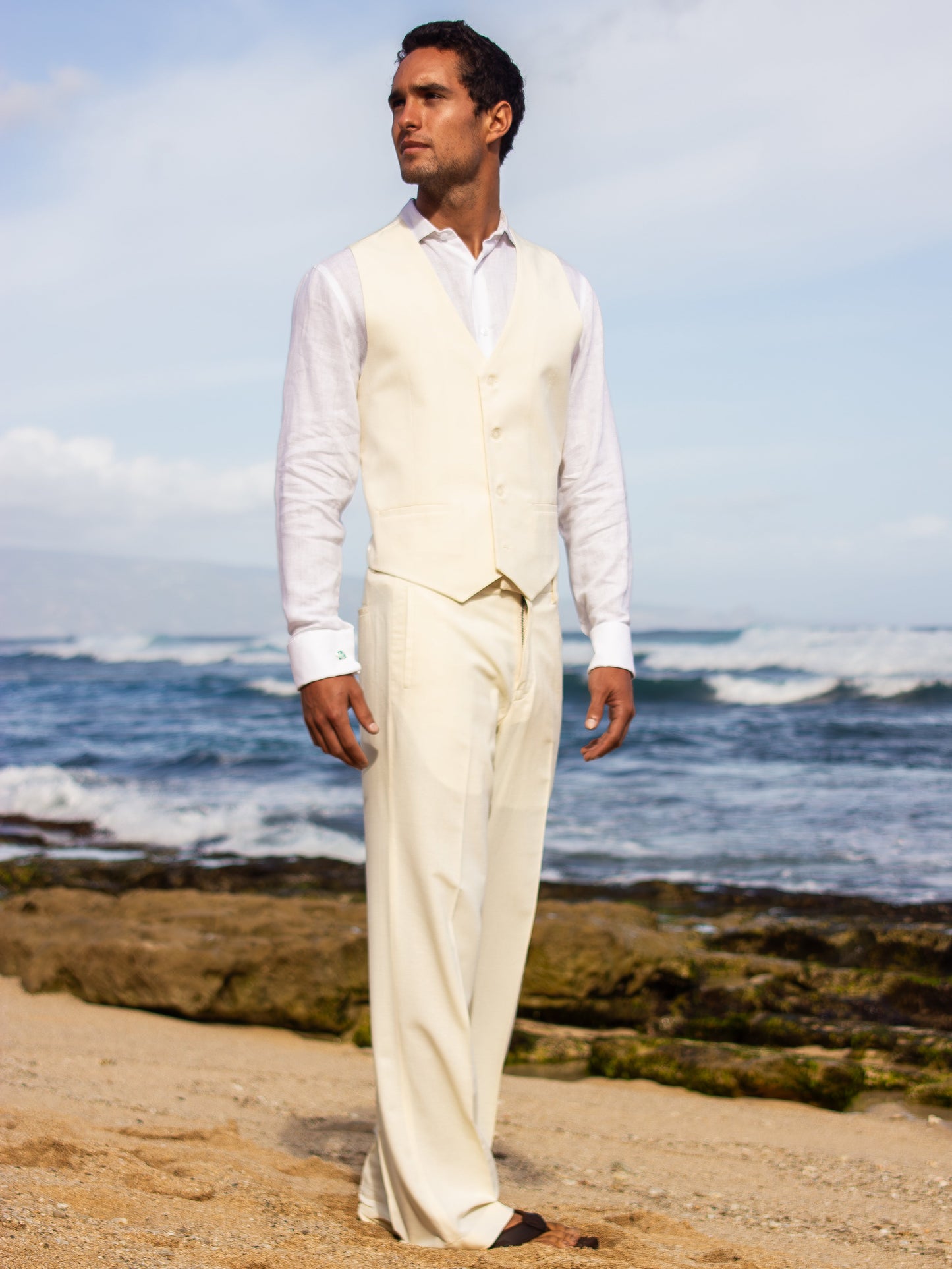 Mens Raw Silk Vest Pants Ivory Beach Wedding