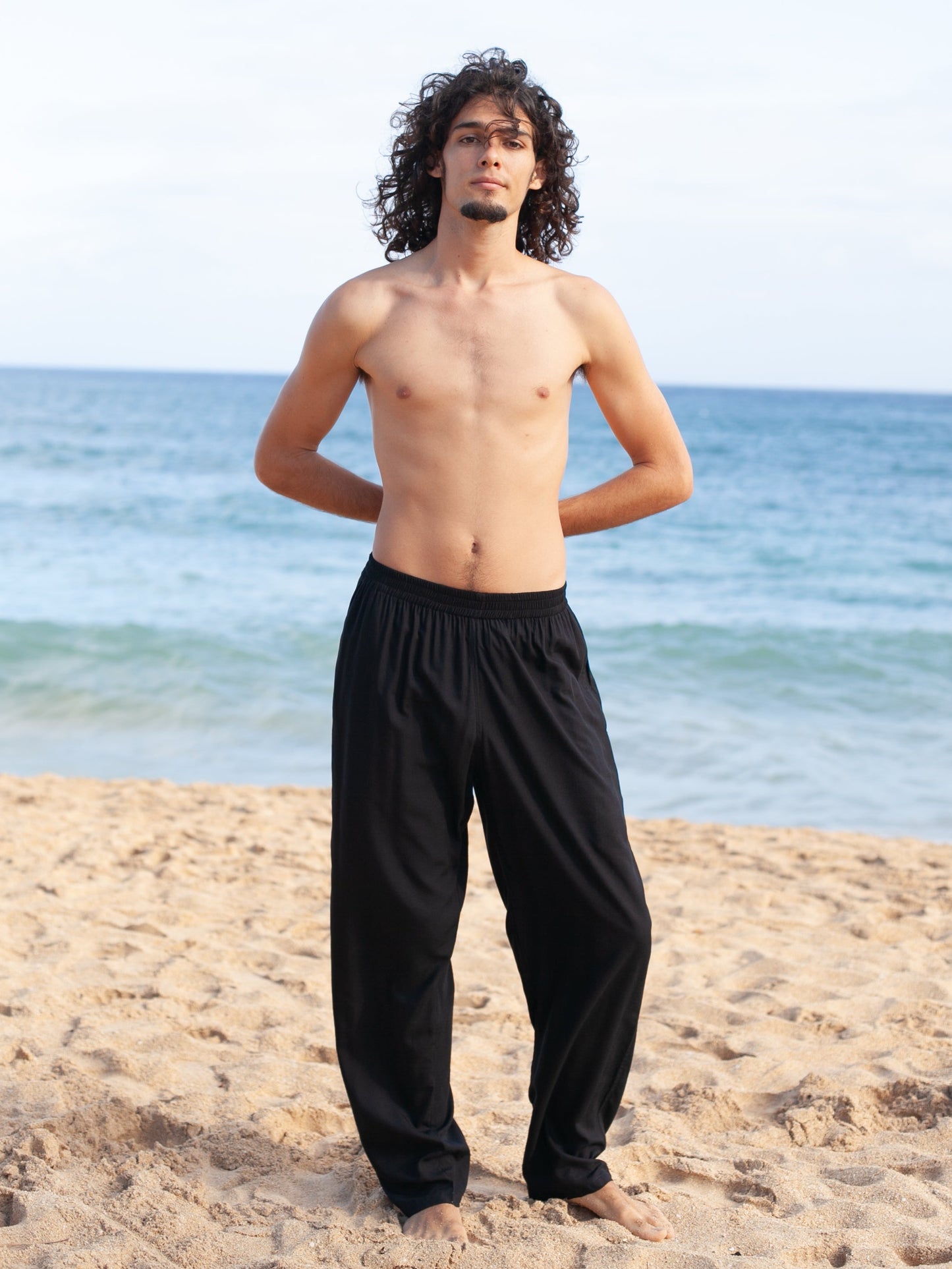 Mens Rayon Yoga Pants Elastic Waist Black Full