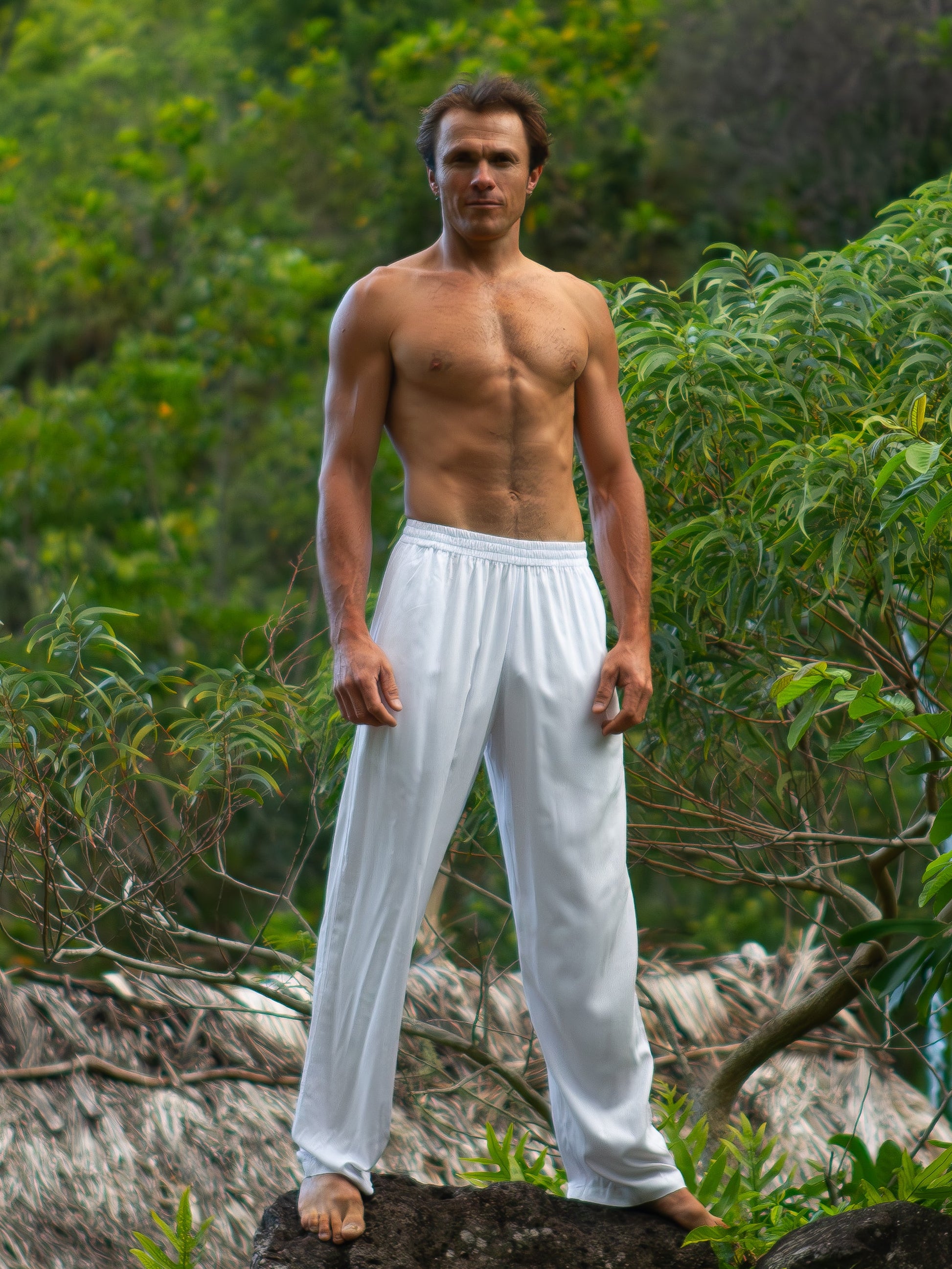 Mens Rayon Yoga Pants Elastic Waist White Full