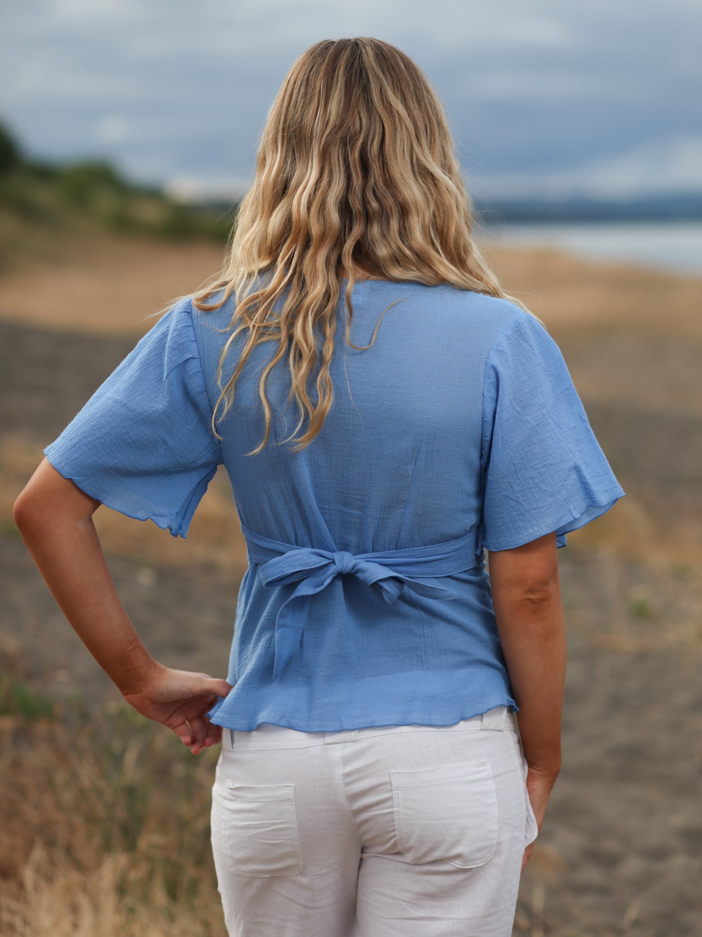 Womens Cotton Empire Waist Blouse Aegean Blue Back Tie Rear