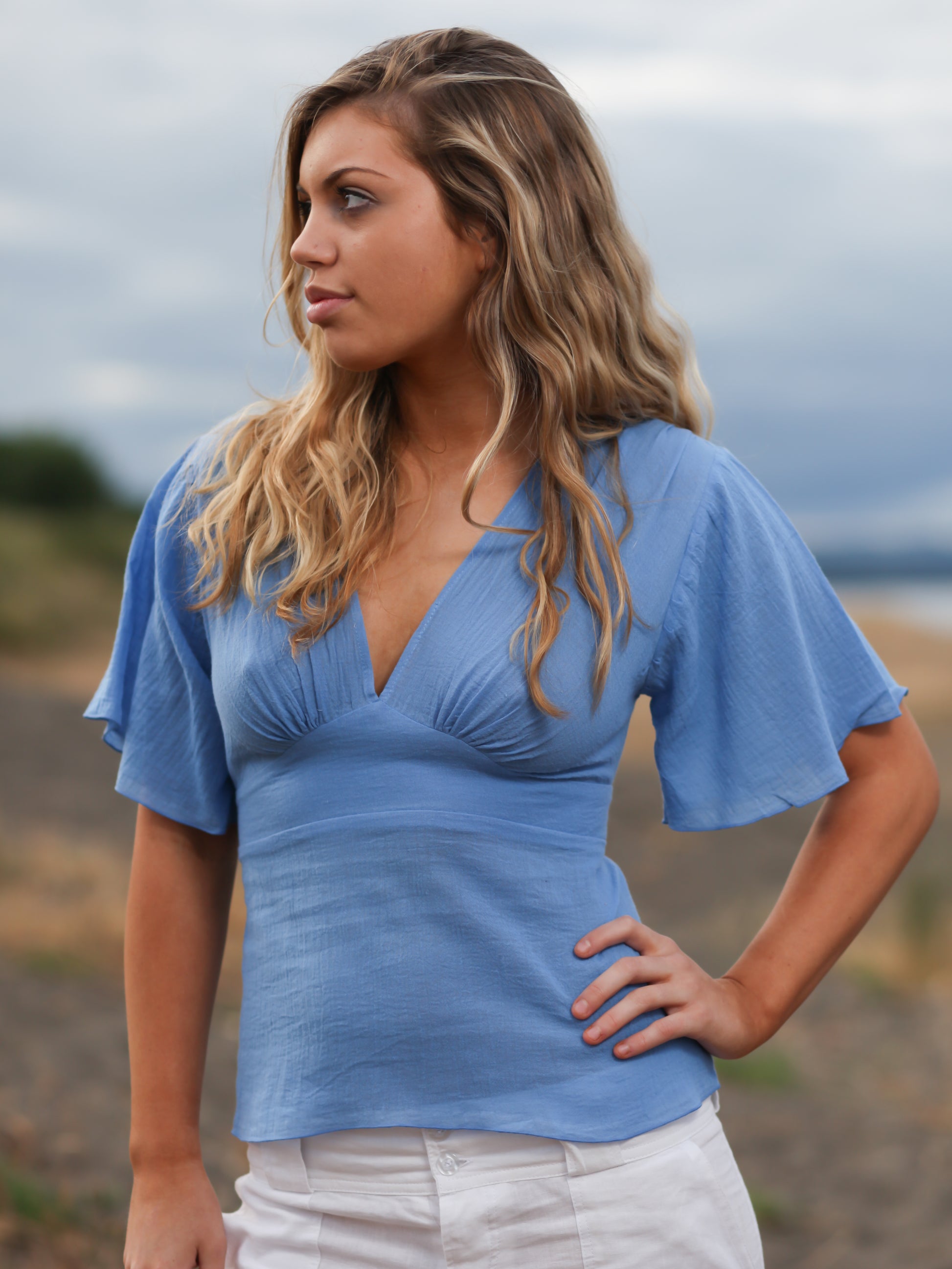 Womens Cotton Empire Waist Blouse Aegean Blue Back Tie