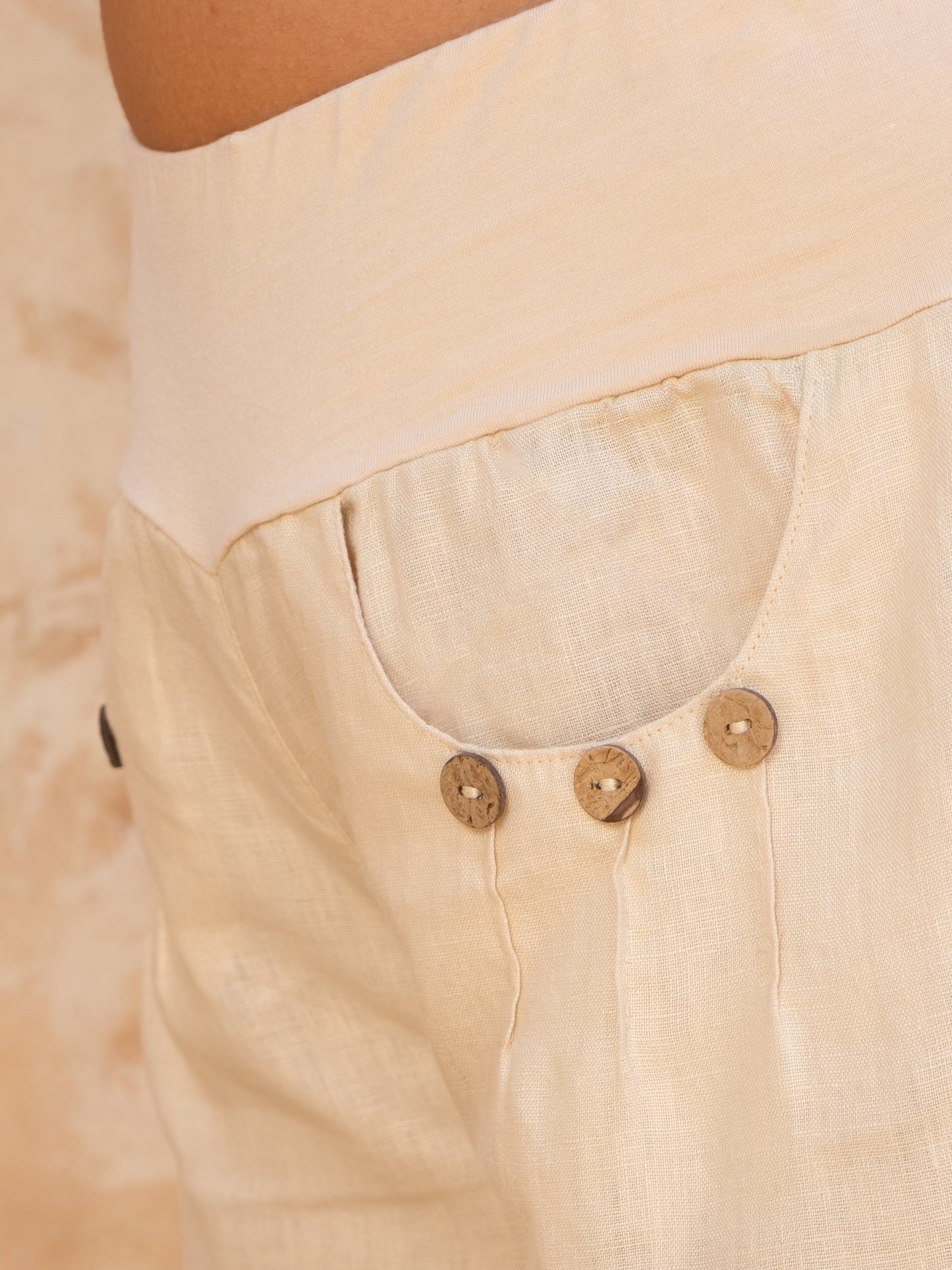 Womens Cropped Linen Coco Pants Tan Khaki Elastic Waist Curved Hem Pocket