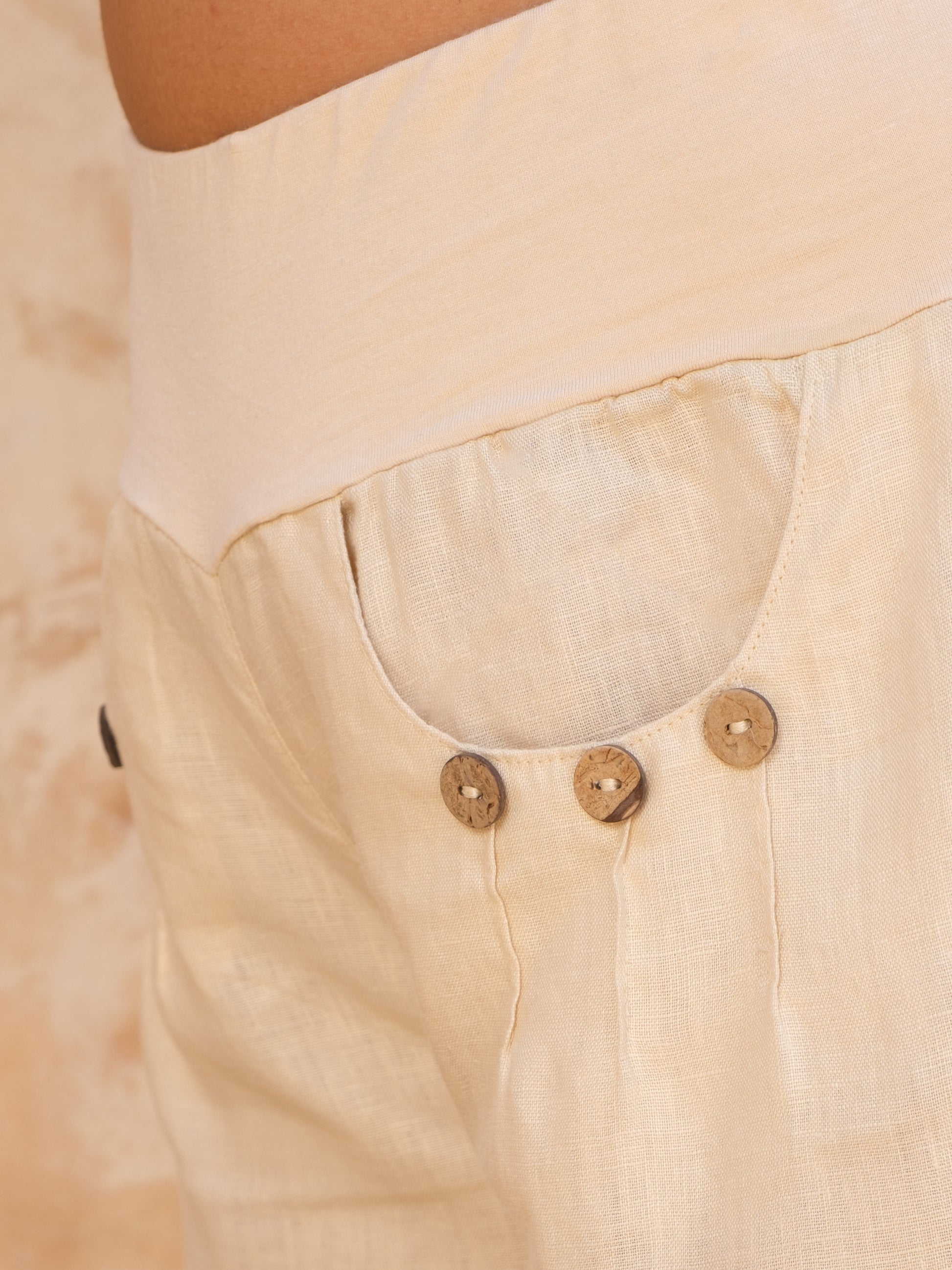 Womens Cropped Linen Coco Pants Tan Khaki Elastic Waist Curved Hem Pocket