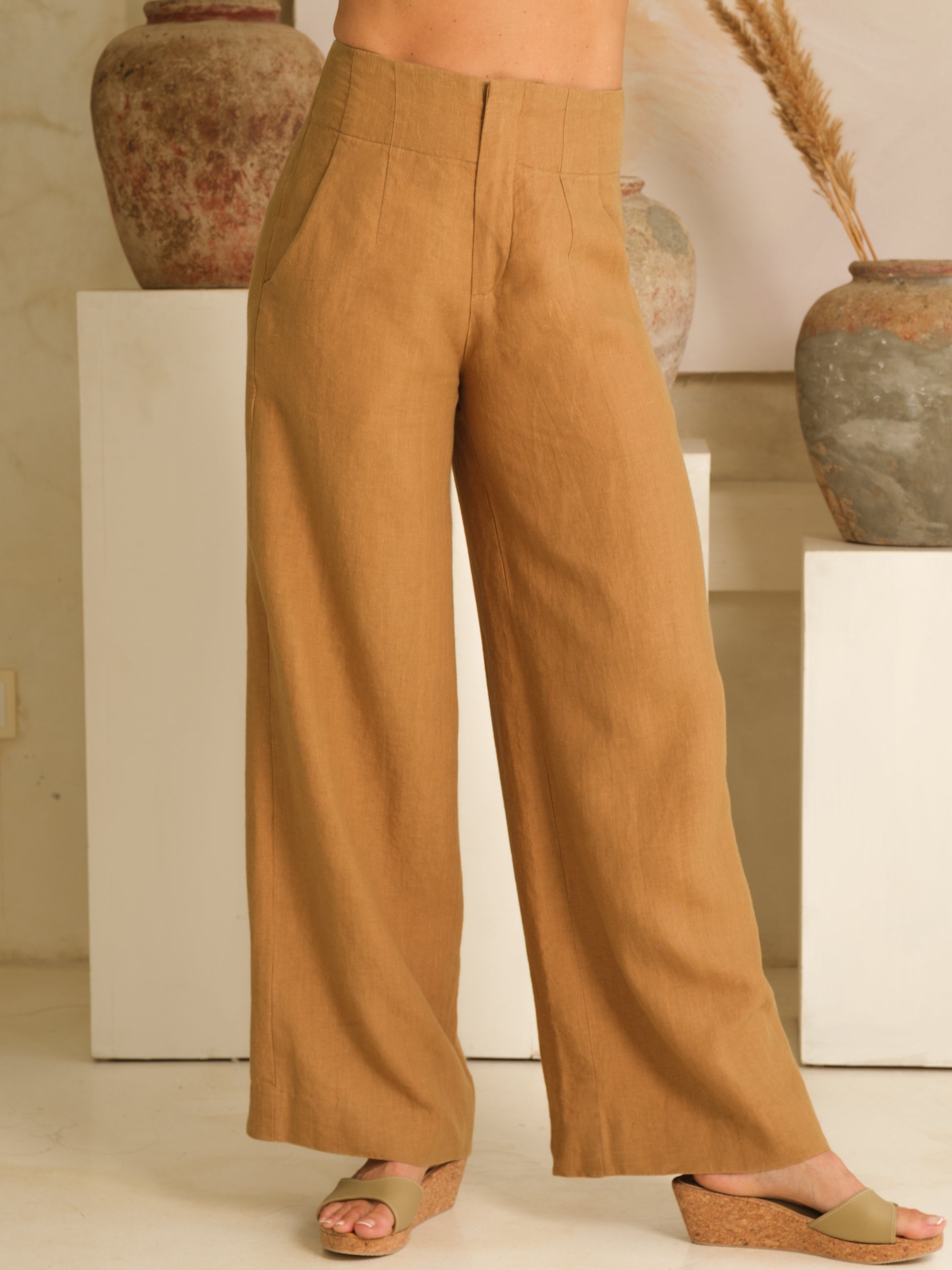 Womens High Waist Linen Flood Pants Tobacco Brown