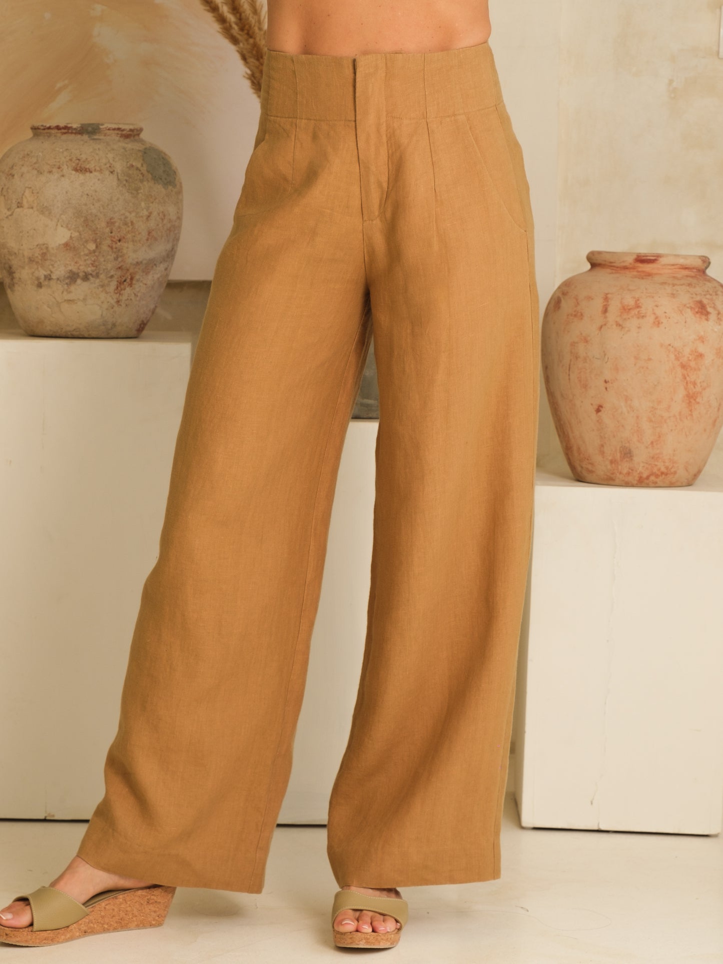 Womens High Waist Linen Flood Pants Tobacco Brown Front