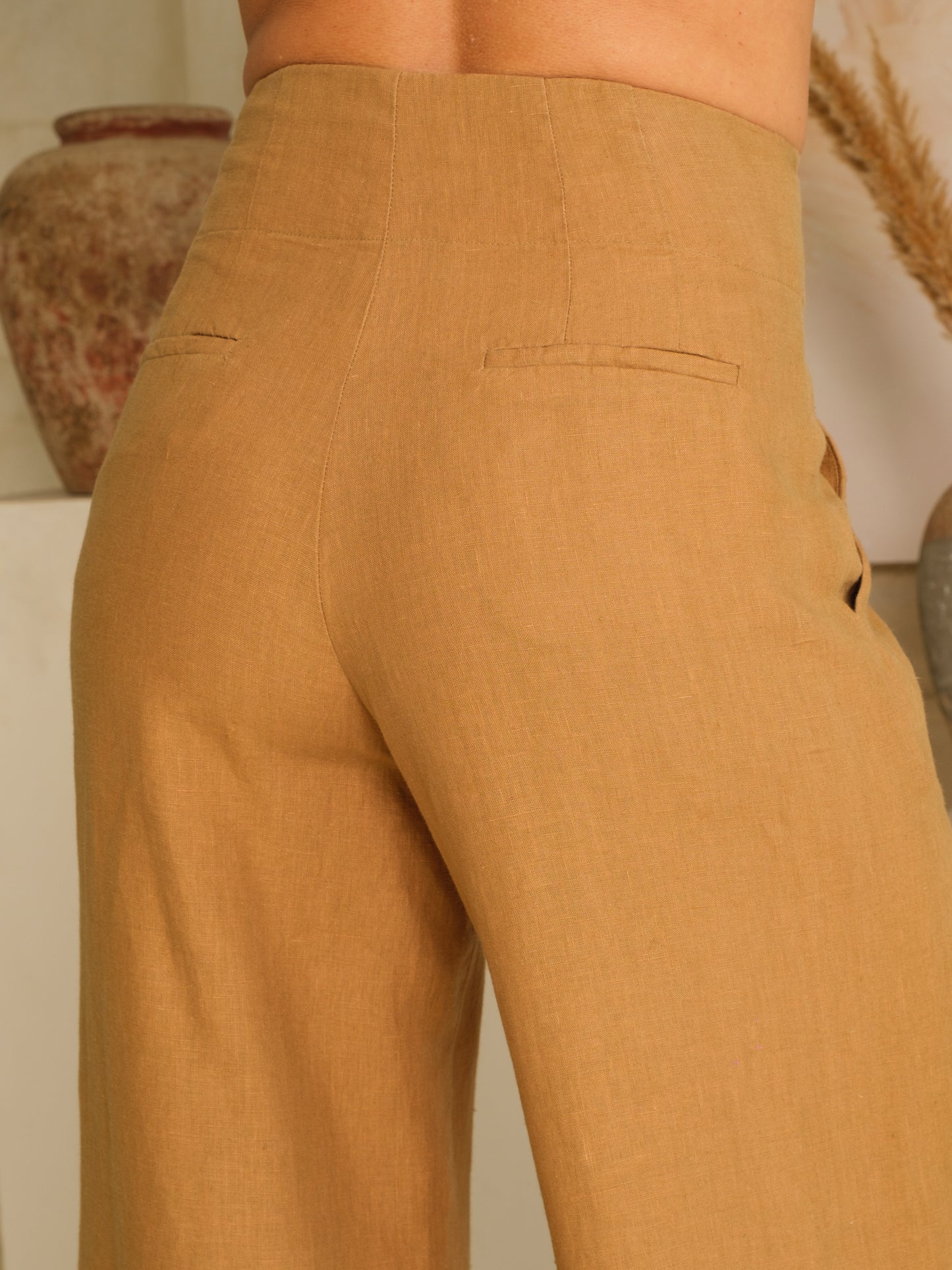 Womens High Waist Linen Flood Pants Tobacco Brown Front Back Close