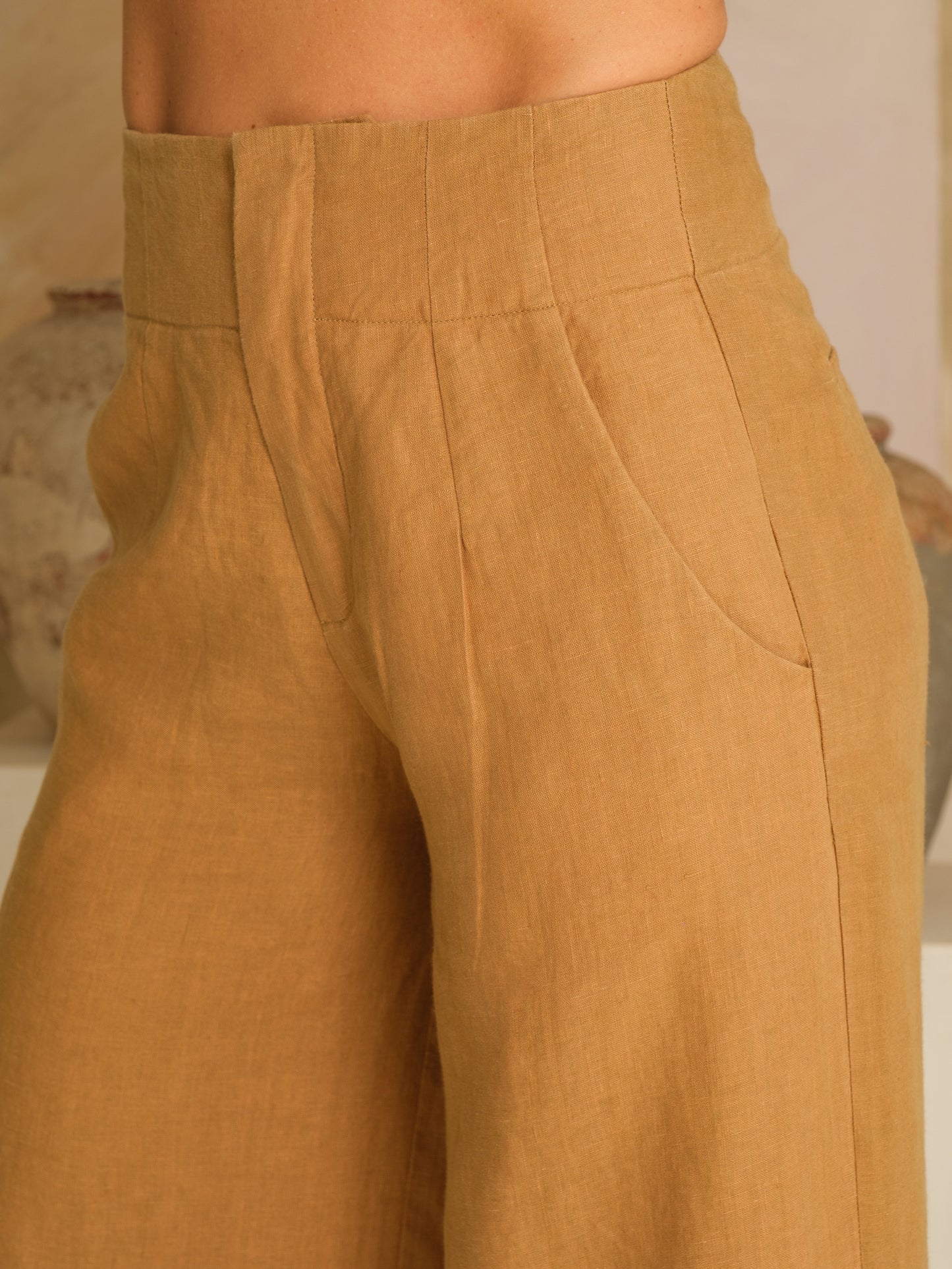 Womens High Waist Linen Flood Pants Tobacco Brown Front Pocket