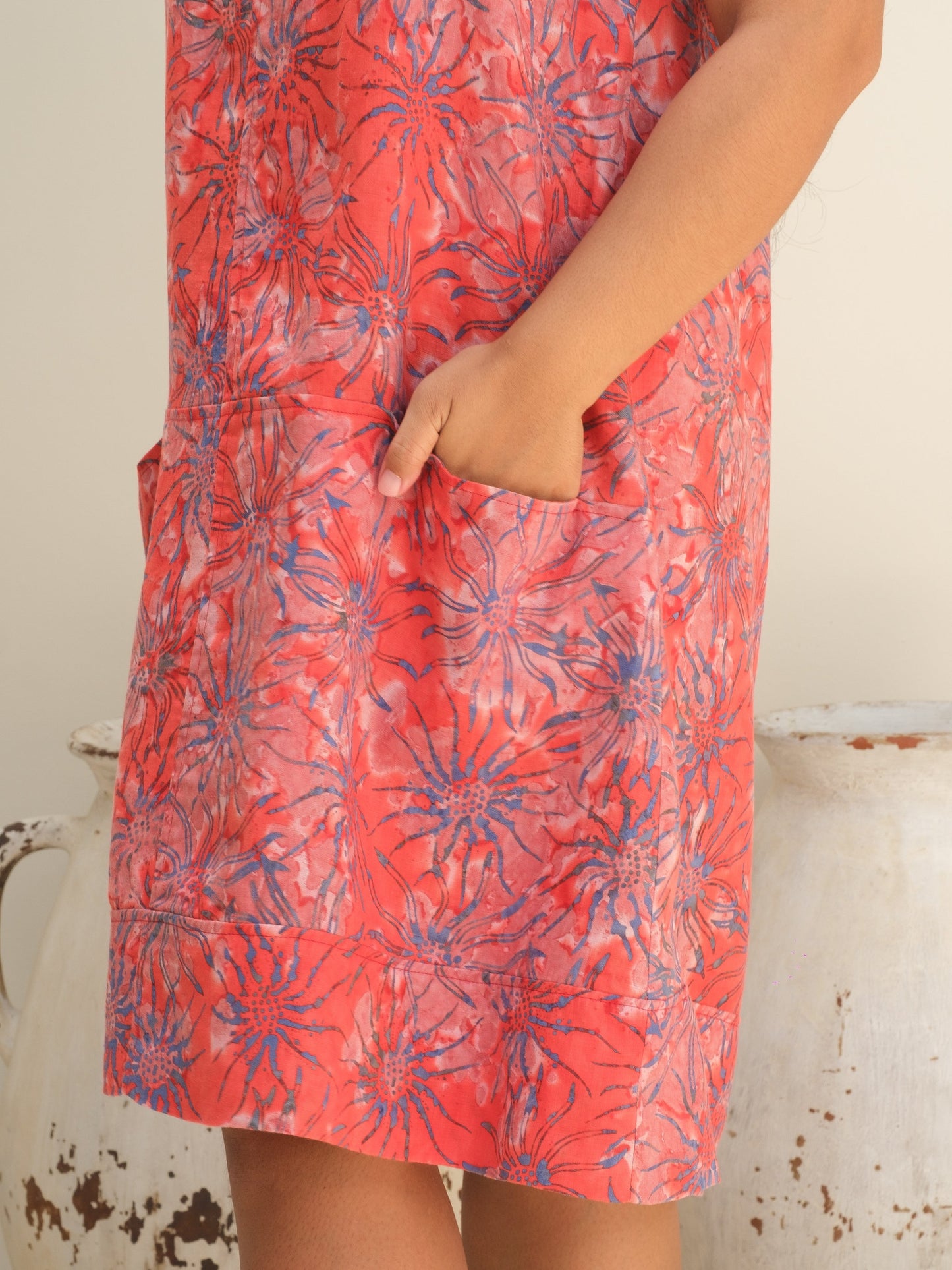 Womens Linen Casual Montego Dress Carnation Floral Baik Knee Length Sleeveless Pockets Close