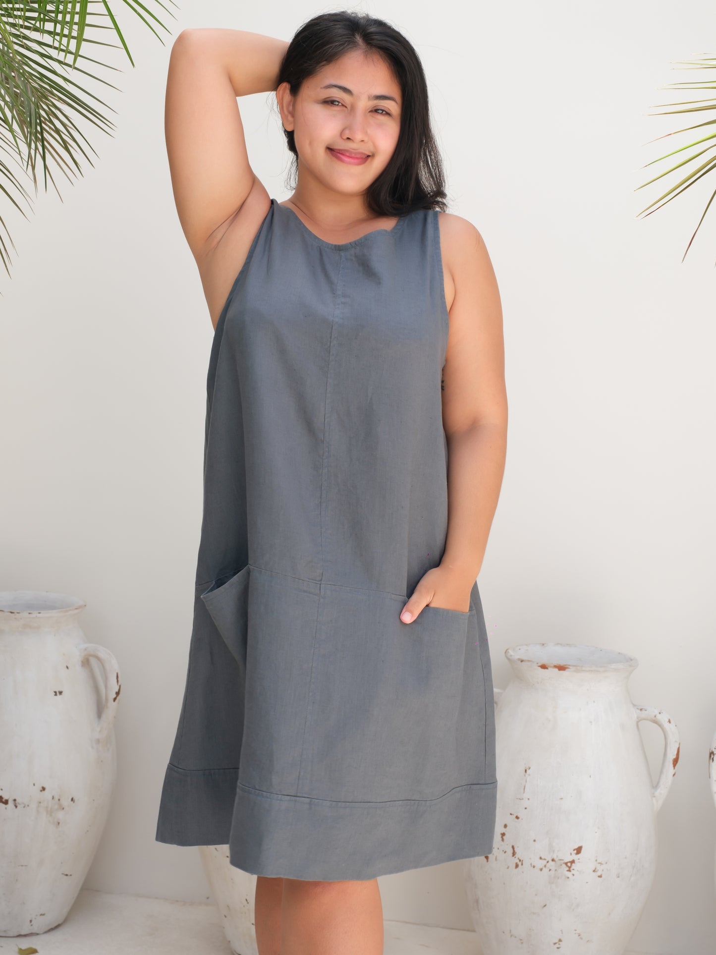 Womens Linen Casual Montego Dress Stone Blue Knee Length Sleeveless Pockets