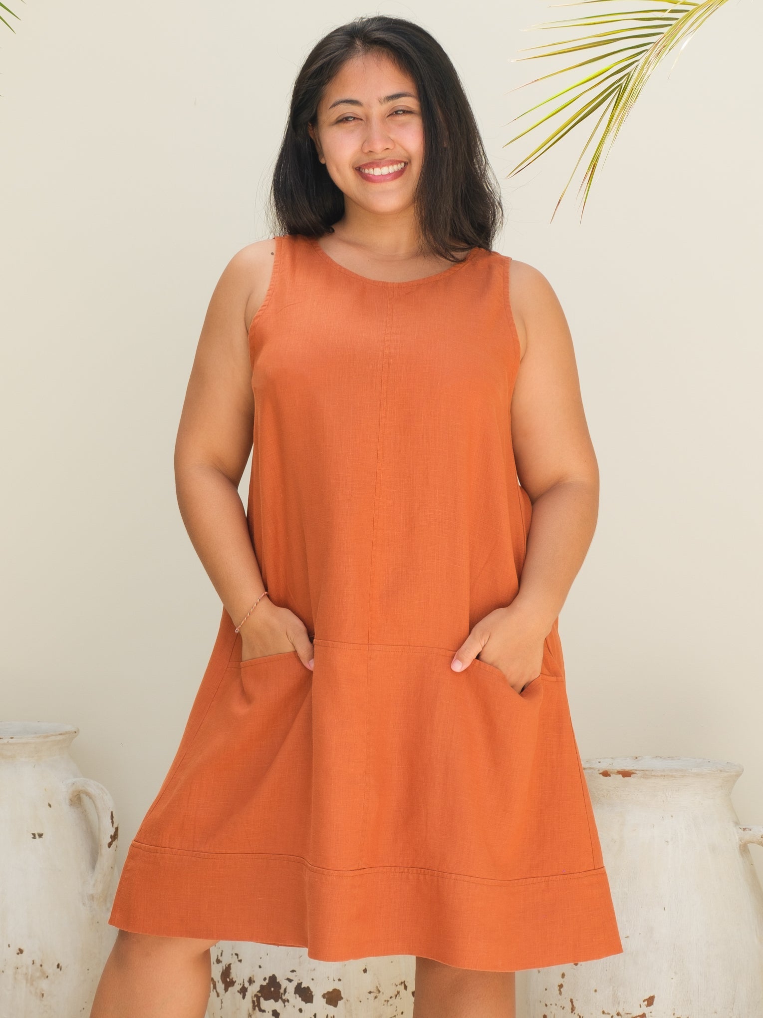 Womens Linen Casual Montego Dress Terra Cotta Knee Length Sleeveless Pockets Front