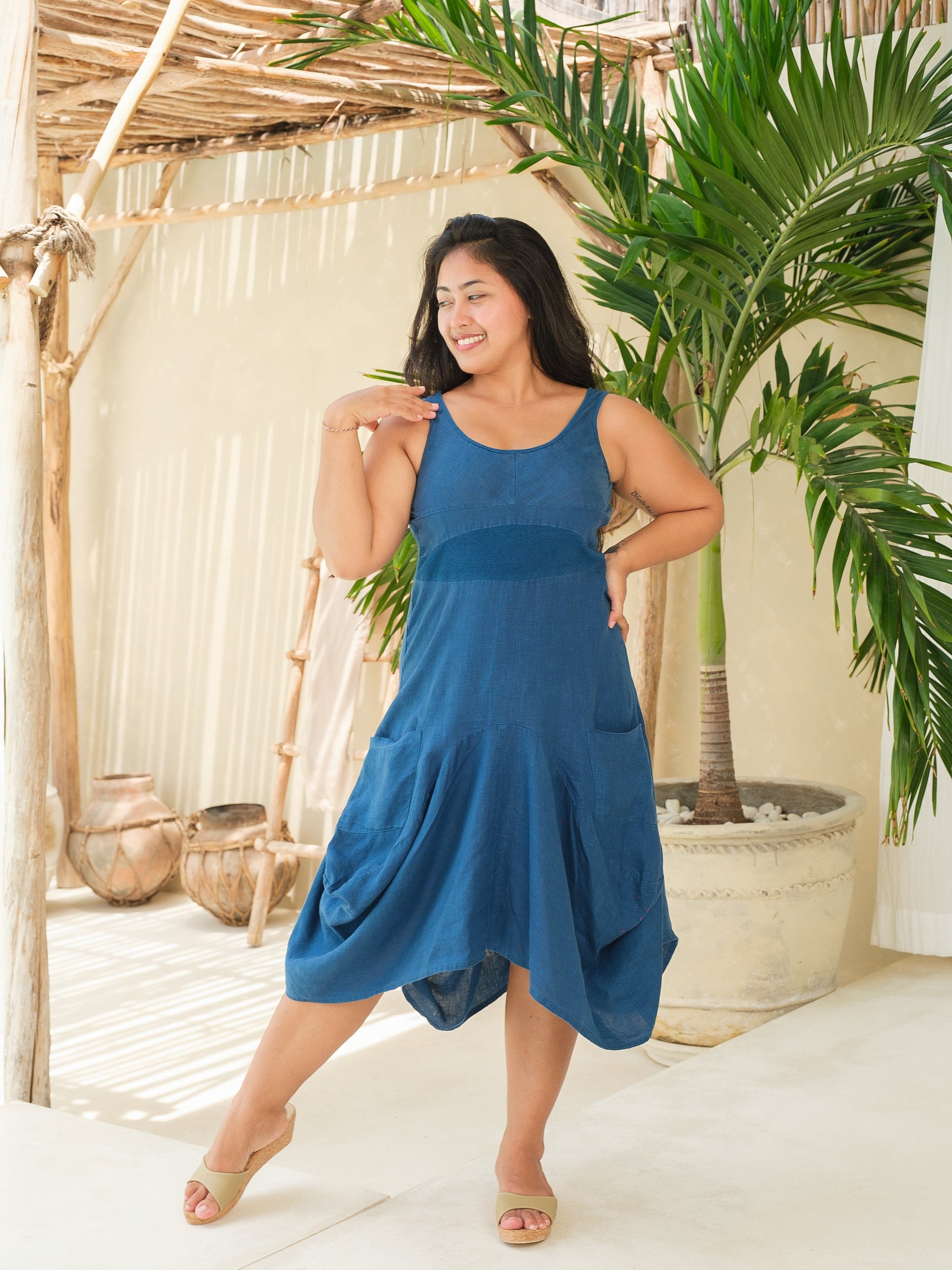 Womens Linen Catalina Dress Balloon Midi Dress Naturally Dyed Indigo Blue Front Pockets Summer