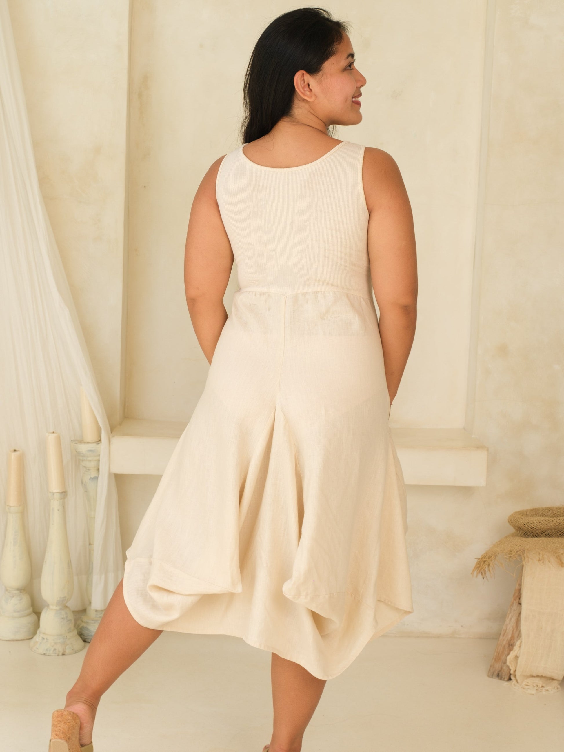 Womens Linen Catalina Dress Balloon Midi Dress Tan Khaki Front Pockets Summer Back