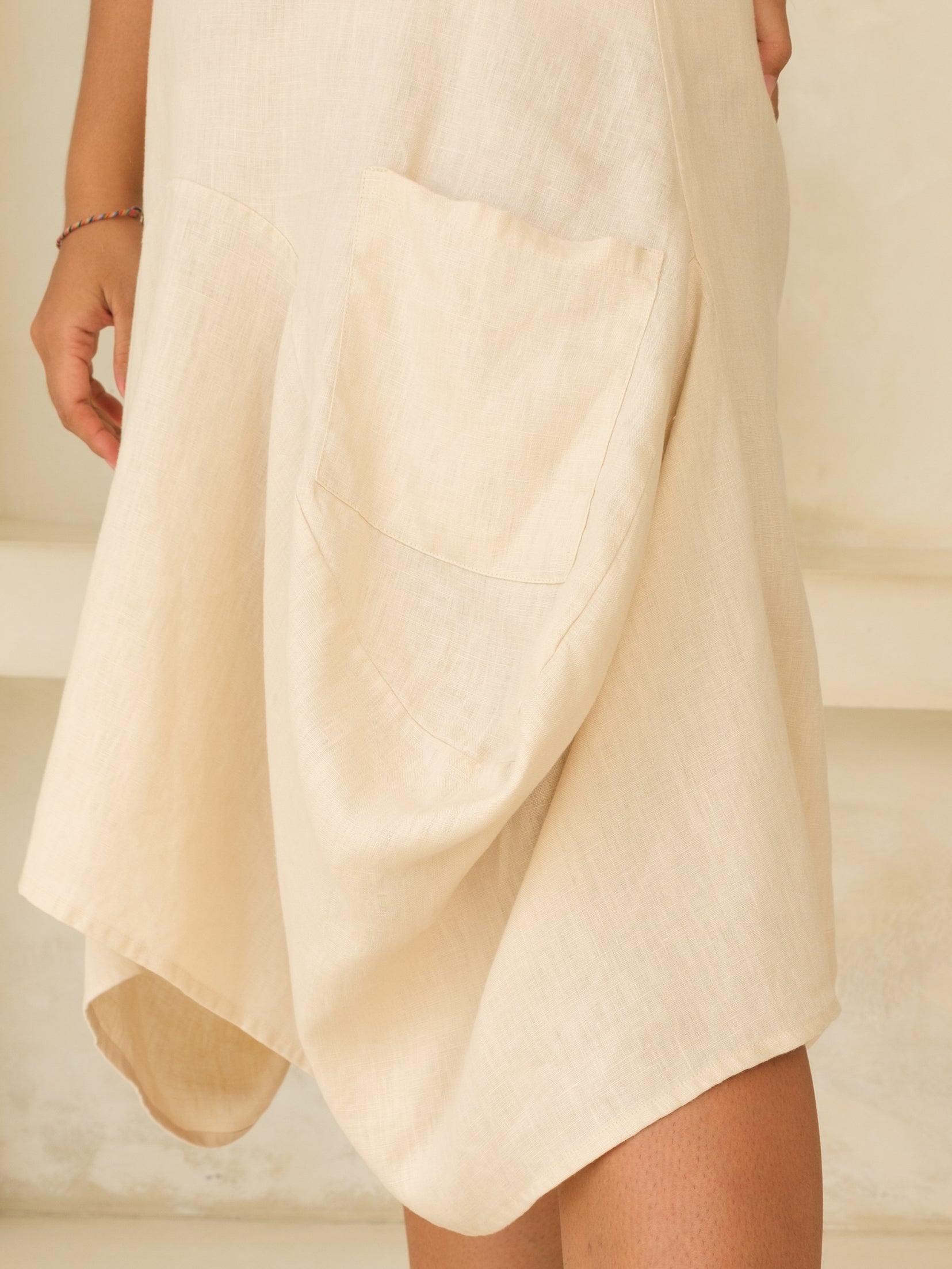 Womens Linen Catalina Dress Balloon Midi Dress Tan Khaki Front Pockets Summer Pocket