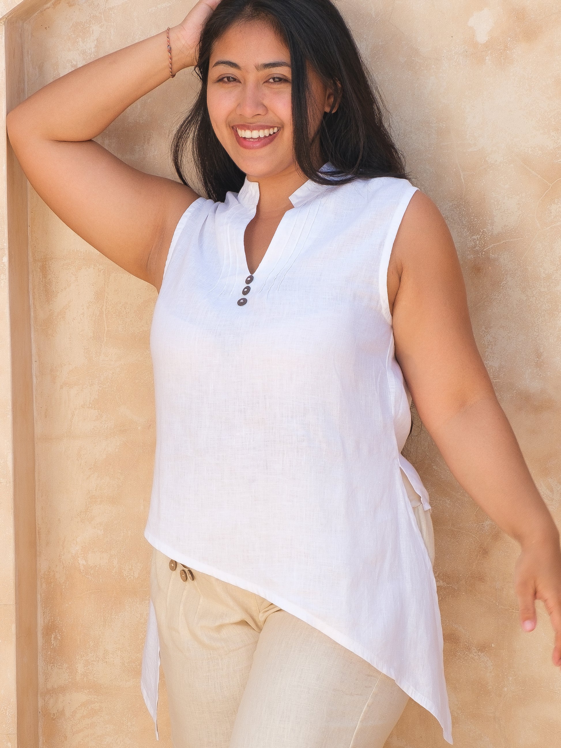 Womens Linen Coco Blouse V Neck Sleeveless Coco Top White Mandarin Collar Asymmetri Hem