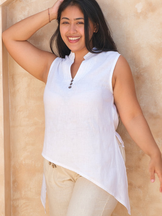 Womens Linen Coco Blouse V Neck Sleeveless Coco Top White Mandarin Collar Asymmetri Hem