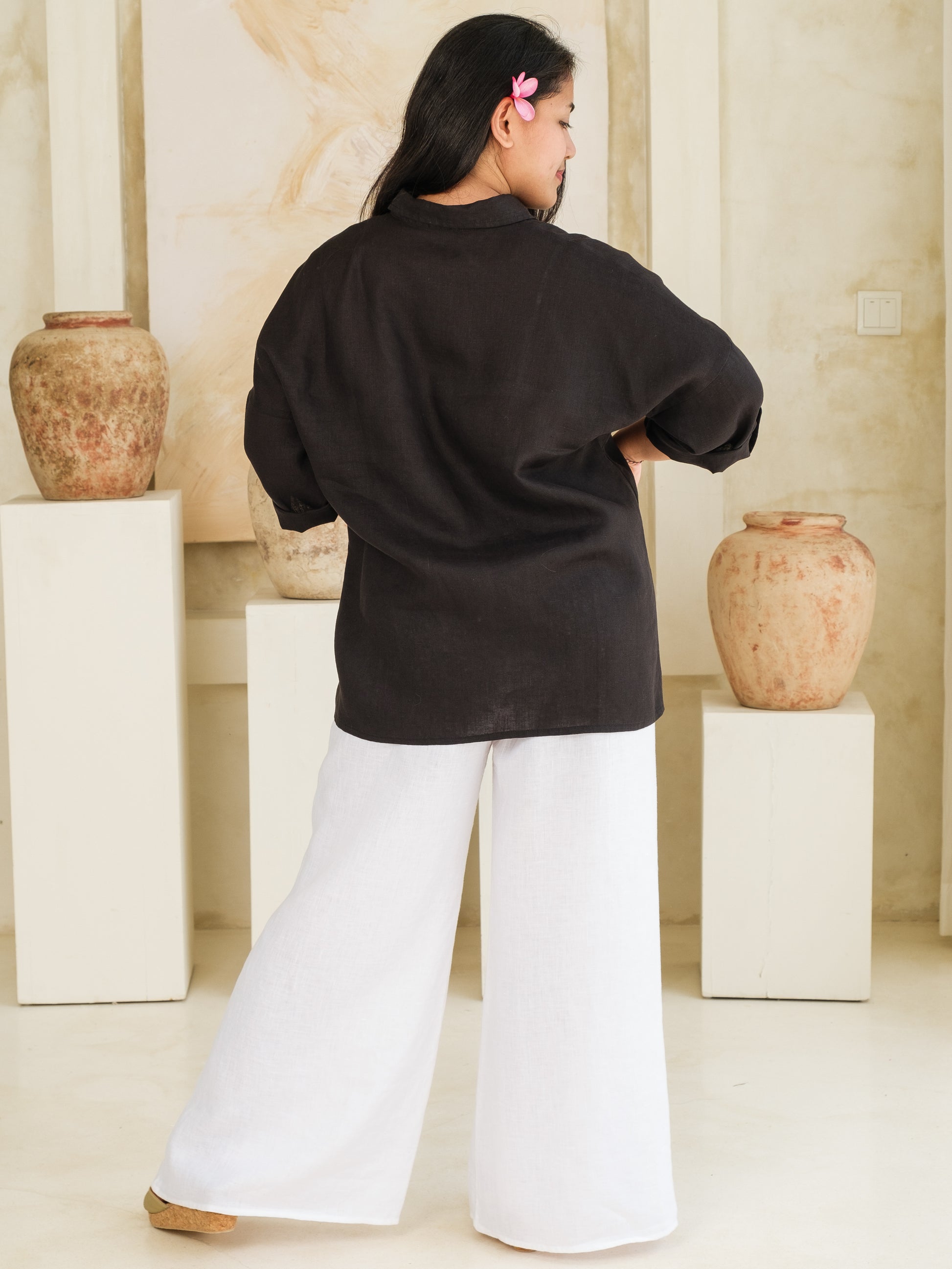 Womens Linen Flood Pant Elastic Waist White Back